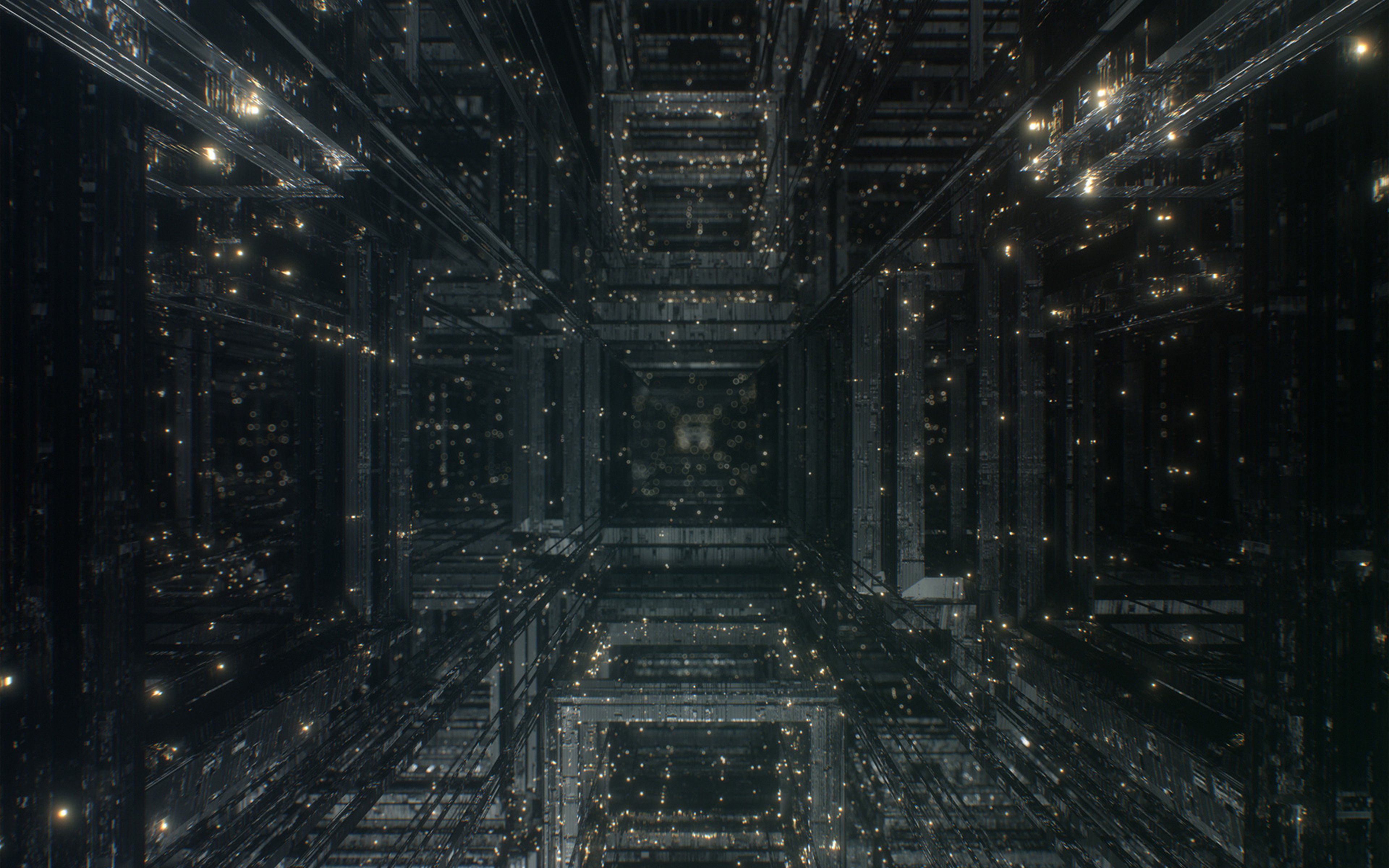 Sci-Fi-Korridor, Lichter, Perspektive, Symmetrie, Gold, 16:10, 4K-Hintergrundbild für den Desktop