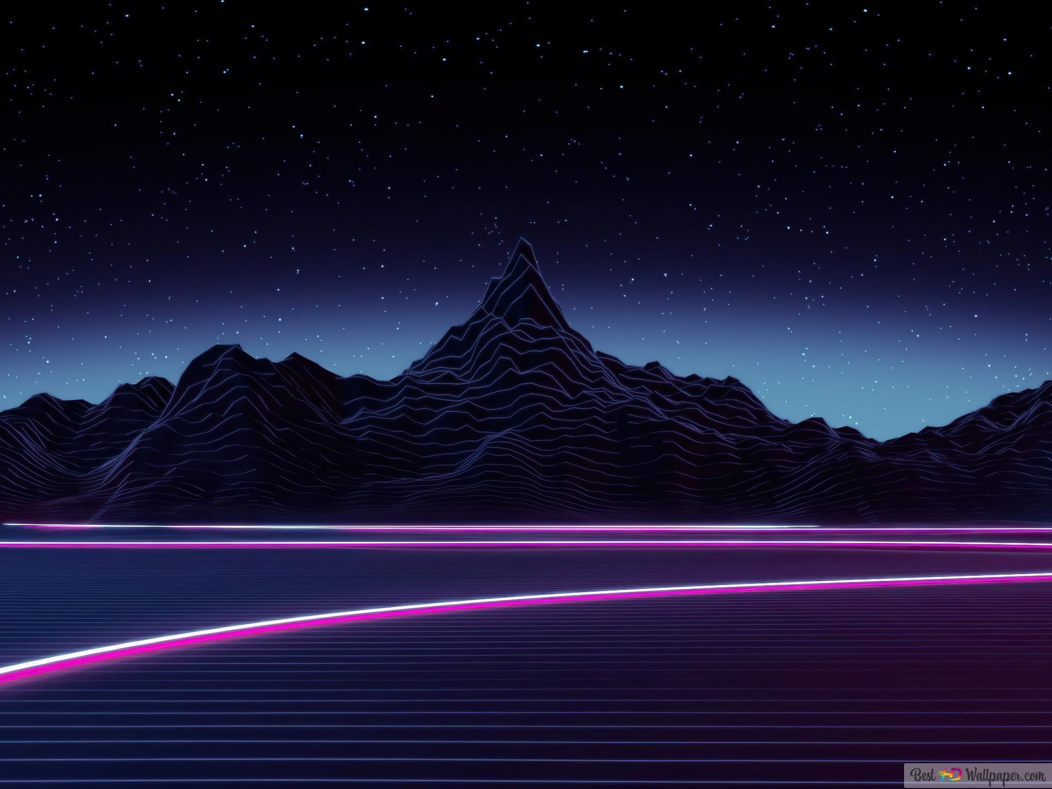 Retrowave, Berge, Neonlinien, Sternenhimmel, Lila, Full HD, Hintergrundbild fürs Tablet