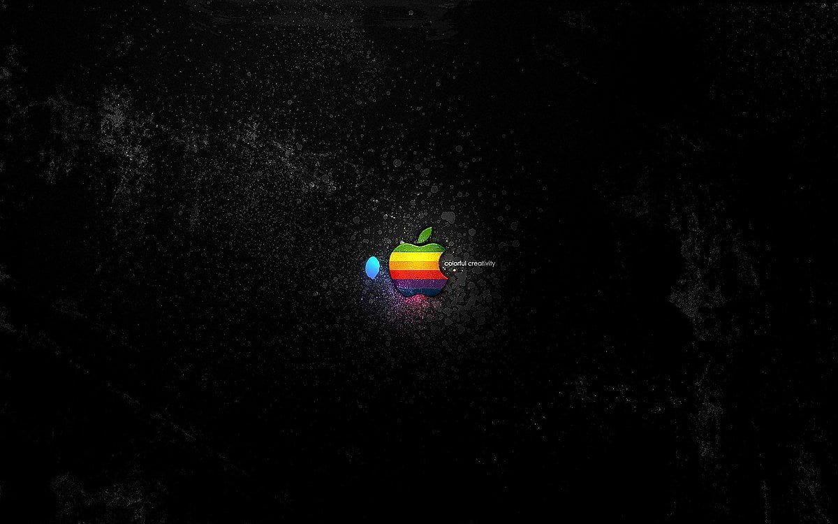 Apple, Regenbogen-Logo, Retro, Schwarze Textur, Minimalistisch, Hintergrund