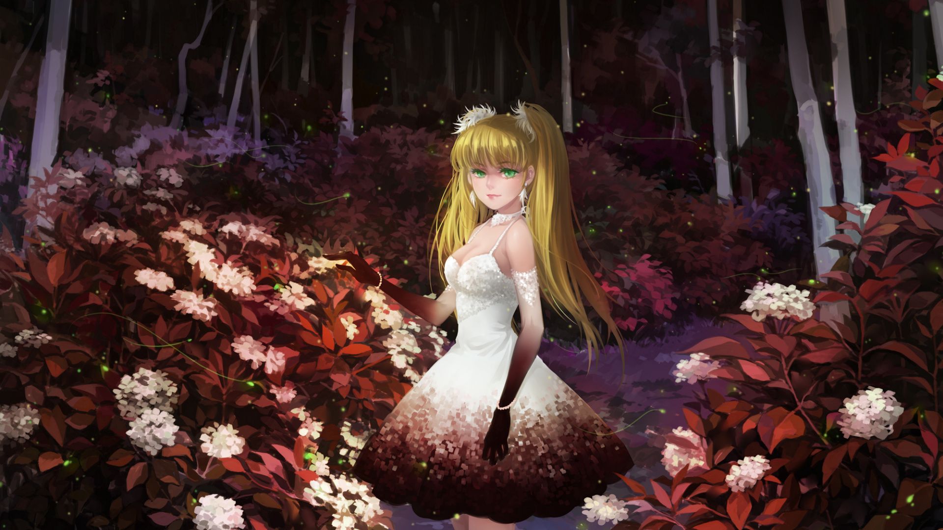 Anime-Mädchen, Blondes Haar, Weißes Kleid, Blumenwald, Nacht, Full HD, PC-Hintergrundbild