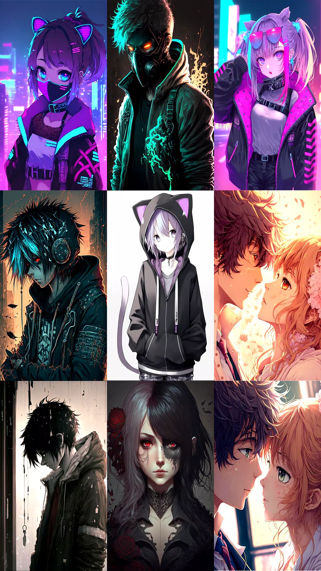 Anime-Collage, Anime-Charaktere, Neon, Lila, Hochformat, 1080x1920, Handy-Hintergrund