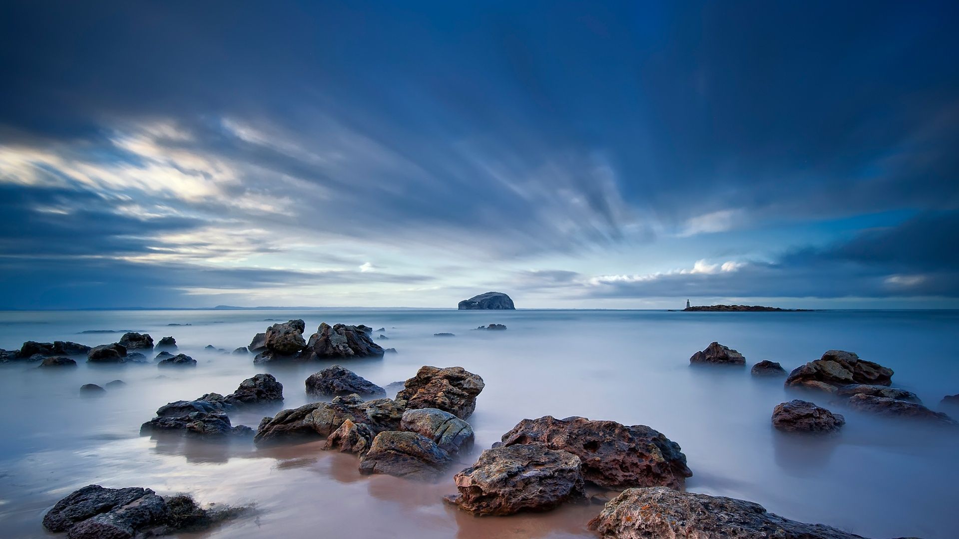 Küste, Felsen, Langzeitbelichtung, Blaue Stunde, Meer, 16:9, Full-HD-Hintergrundbild für den Desktop