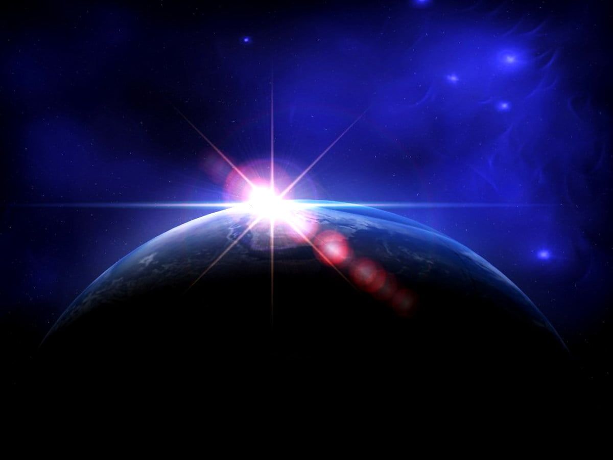Planet, Sonnenaufgang im All, Lichtblitz, Blau, Weltraum, Hintergrundbild fürs Tablet