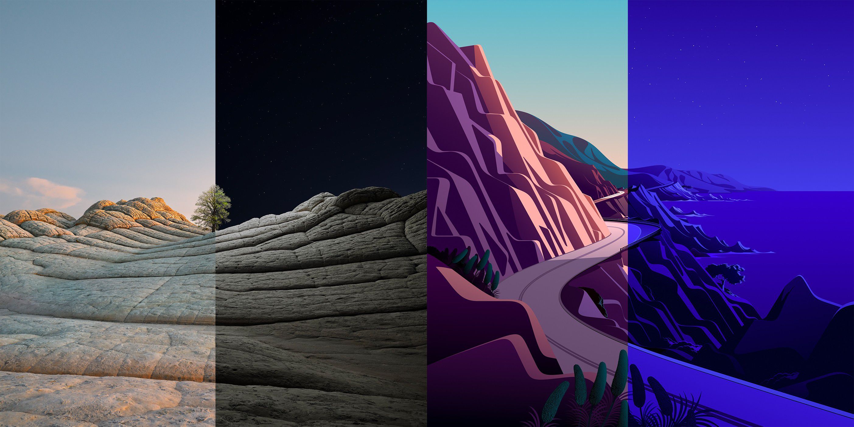 macOS, Tag und Nacht, Wüste, Klippen, Collage, 2K, Hintergrundbild für den PC