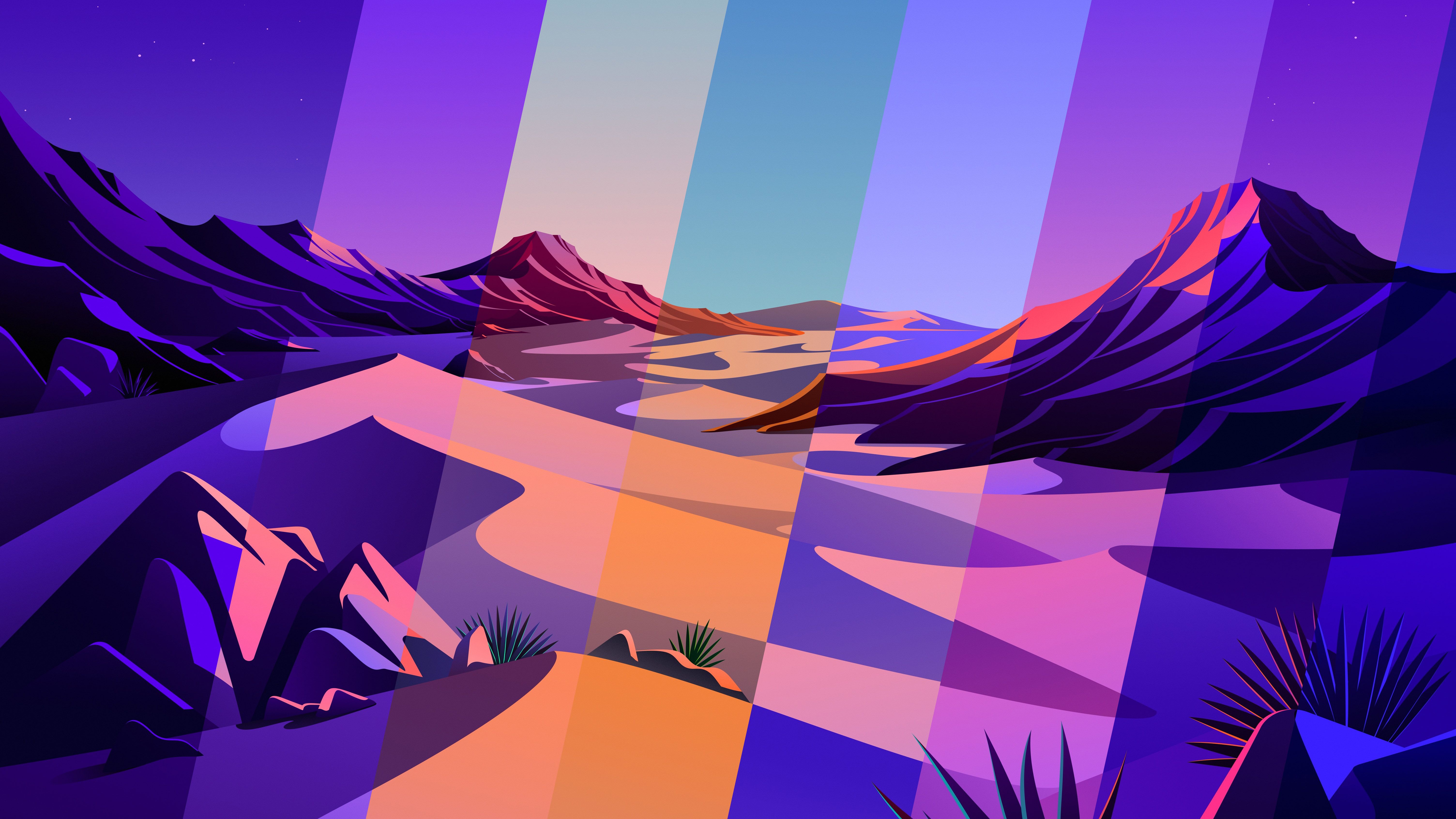 macOS Big Sur, Low-Poly-Landschaft, Berge, Tageszeiten, Lila, 6K, Breitbild-Hintergrundbild