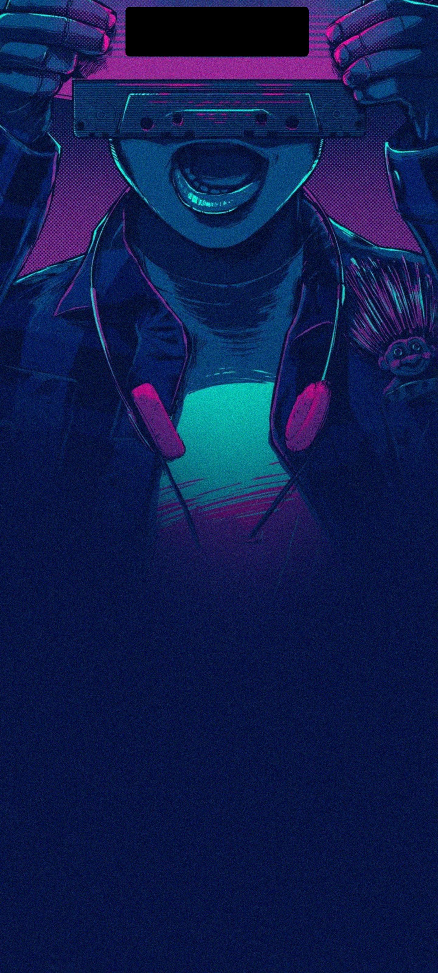 Figur, Illustration, Neon-Pink, Dunkelblau, Hochformat, QHD+, Hintergrundbild fürs Handy