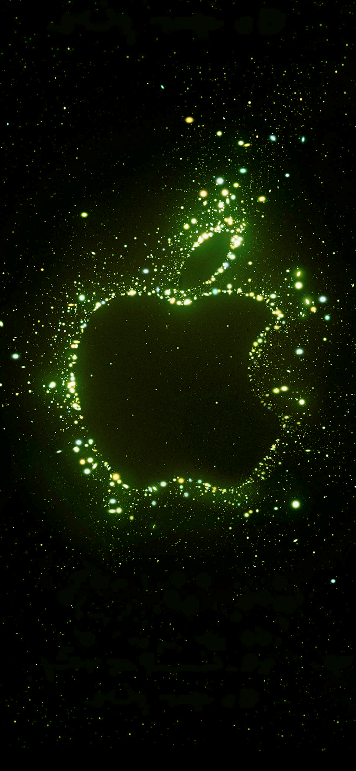 Apple, Apple-Logo, Grüne Partikel, Schwarzer Hintergrund, Hochformat, Sperrbildschirm fürs iPhone