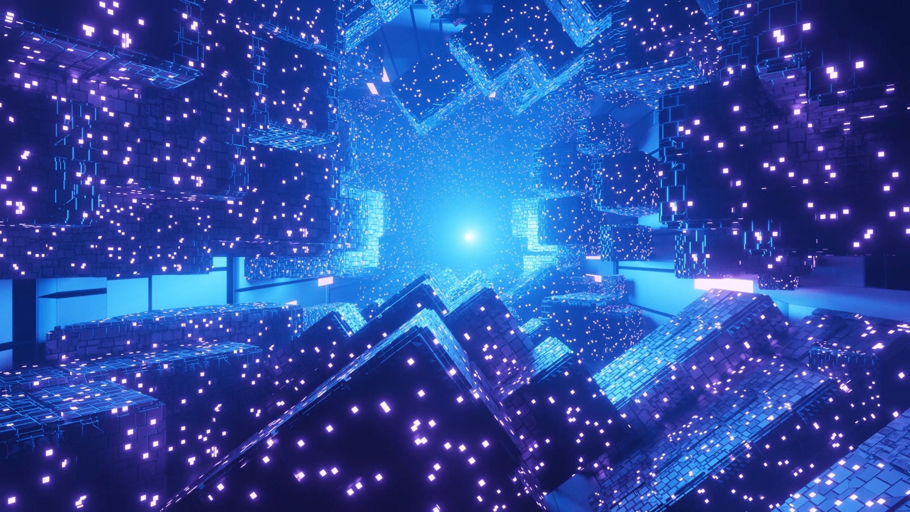 Würfel, Lichtpunkte, Blau-Lila, 3D-Render, Abstrakt, 2K, Hintergrund für den Desktop