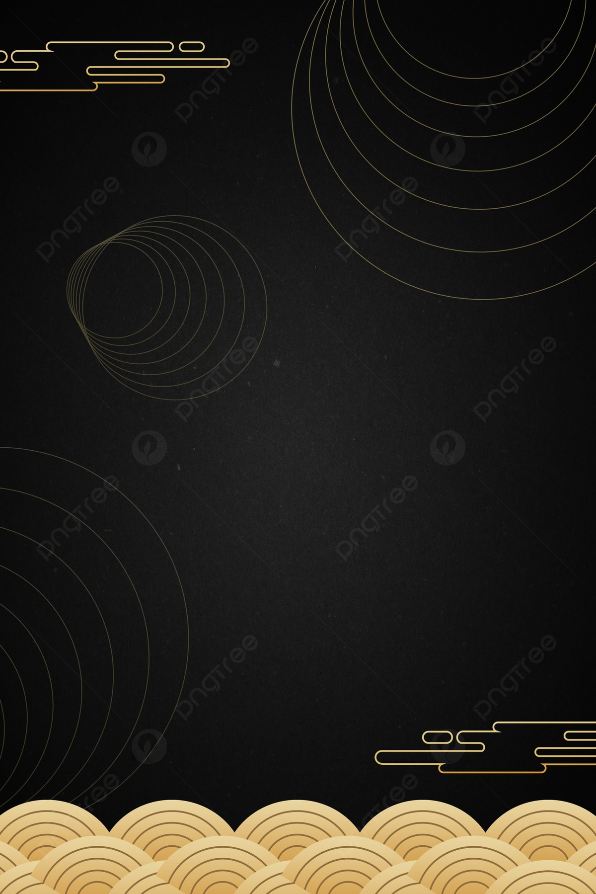 Schwarz-Gold, Asiatische Wolken, Goldlinien, Minimalistisch, Dunkel, Hintergrundbild fürs iPad