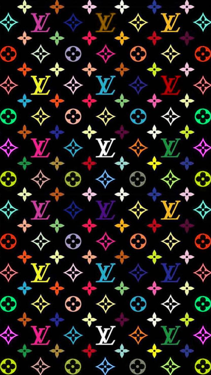 Louis Vuitton, Monogramm, Bunte Logos, Schwarzer Hintergrund, Luxusmarke, Sperrbildschirm fürs iPhone