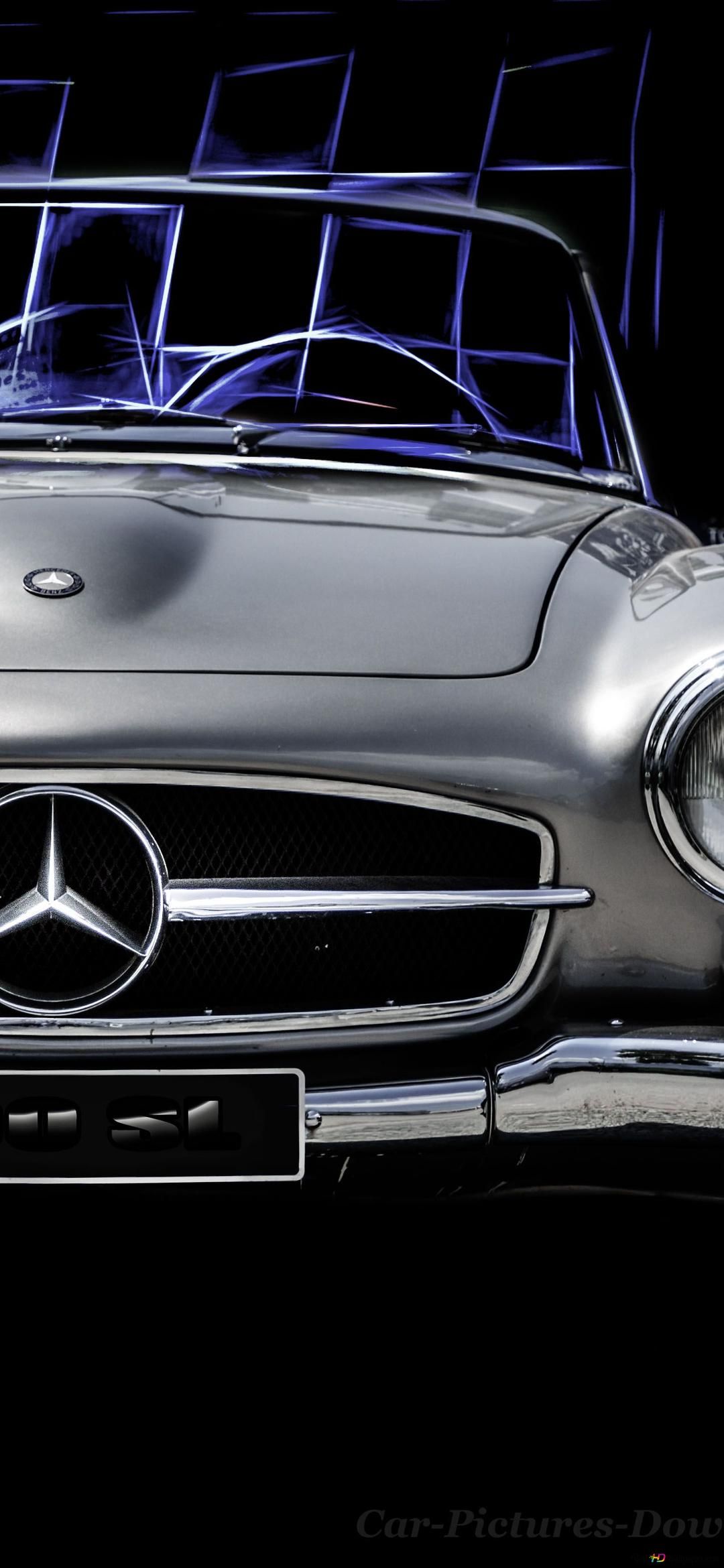 Mercedes-Benz 300 SL, Oldtimer, Silberner Sportwagen, Kühlergrill, Schwarzer Hintergrund, Sperrbildschirm