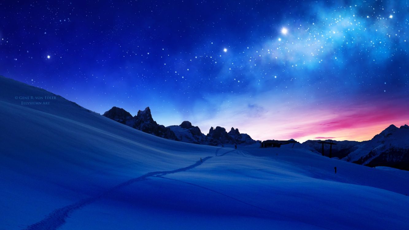 Sternenhimmel, Schneelandschaft, Berge, Dämmerung, Blau, HD, Laptop-Hintergrundbild
