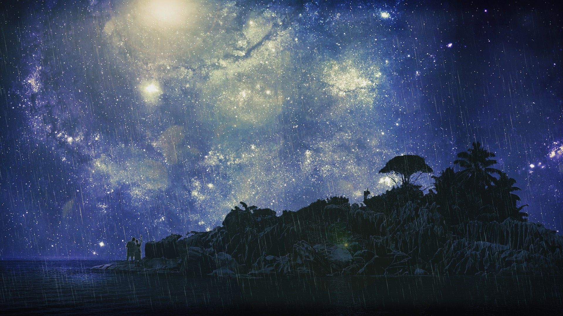 Sternenhimmel, Insel, Baumsilhouette, Nacht, Fantasy, Full HD, Desktop-Hintergrund für Windows