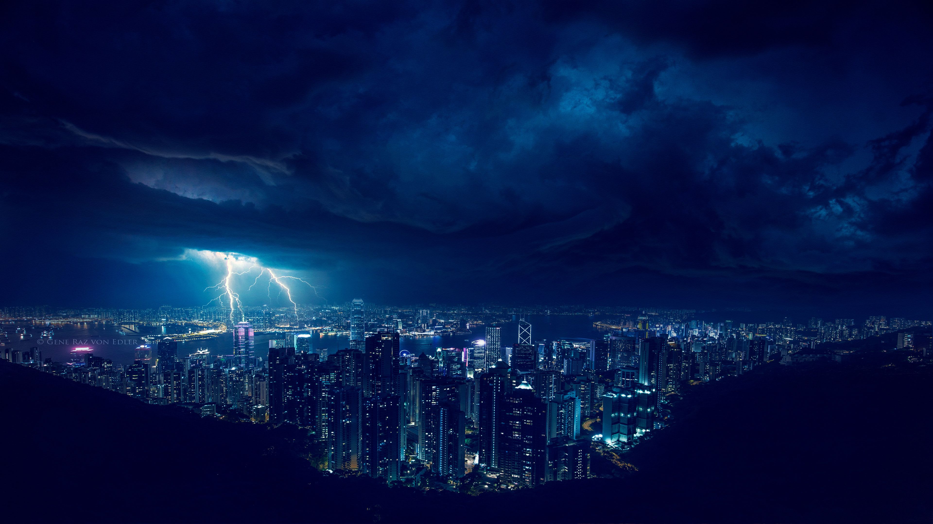 Gewitter, Blitze, Stadt bei Nacht, Skyline, Dunkelblau, 3840x2160, 4K-Hintergrundbild für PC