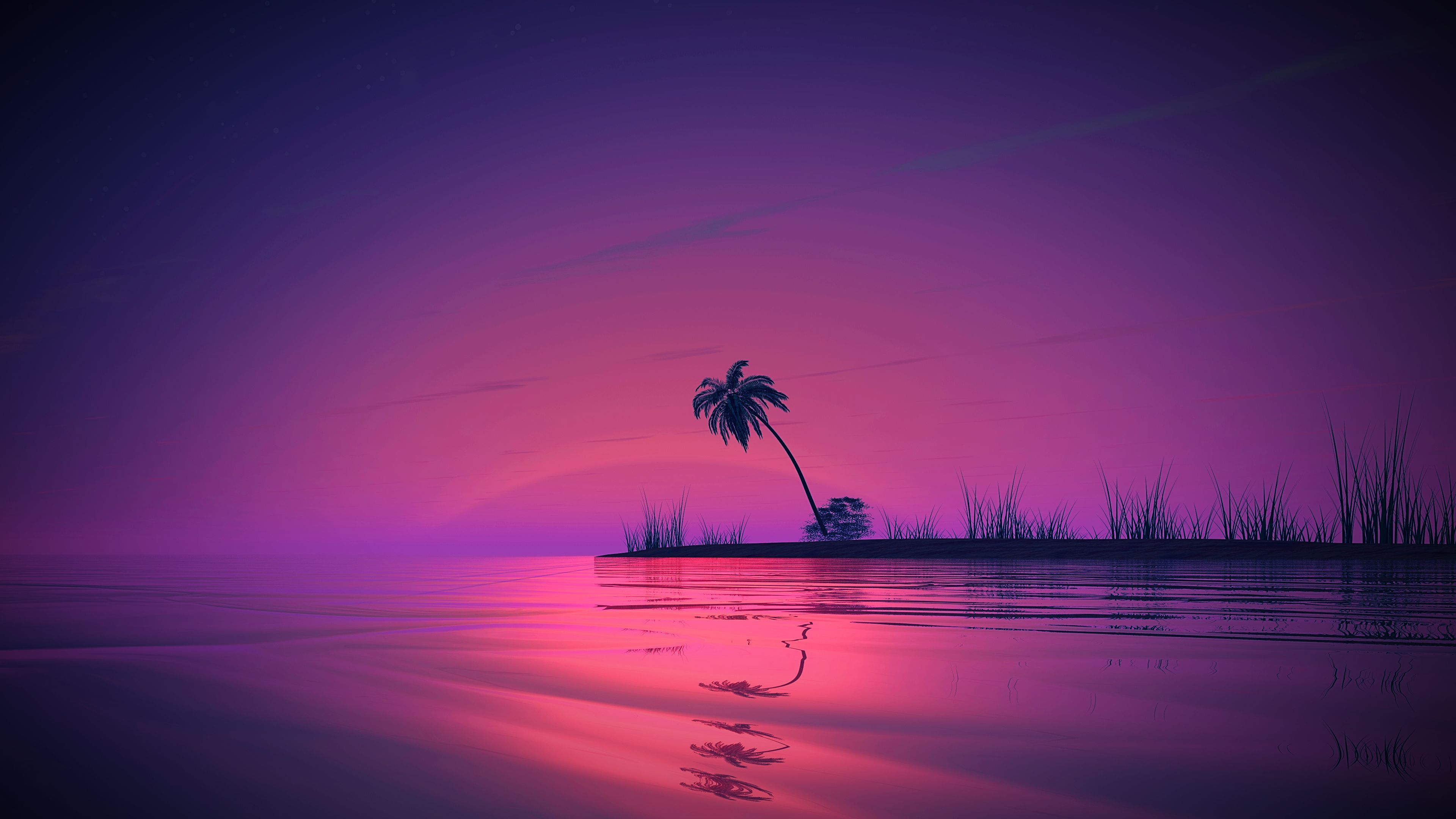 Palme, Insel, Lila Himmel, Minimalismus, Dämmerung, 4K, Hintergrundbild für den PC