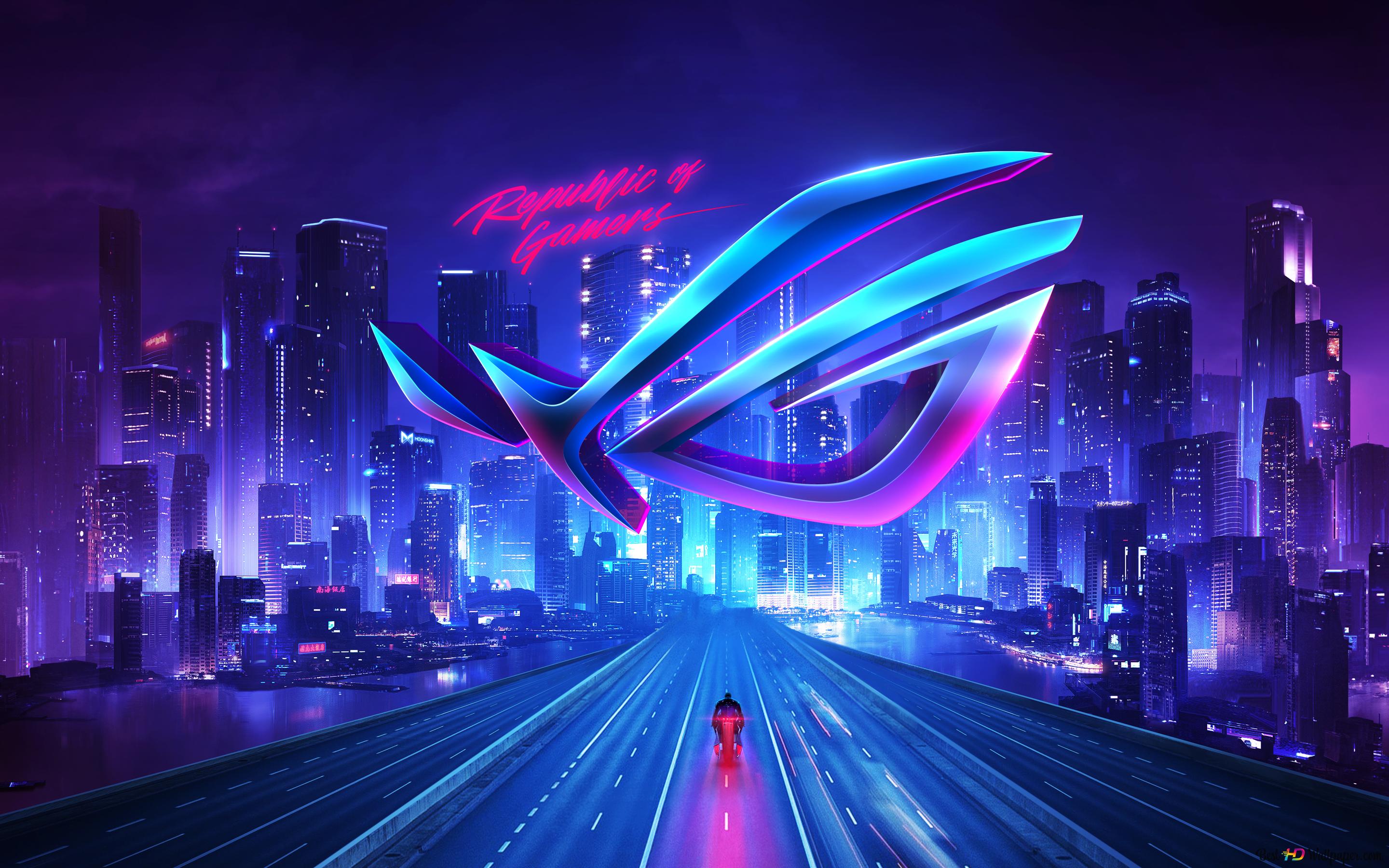 Republic of Gamers, ROG, ASUS, Logo, Neonstadt, Lila, 2K, Hintergrundbild für den PC