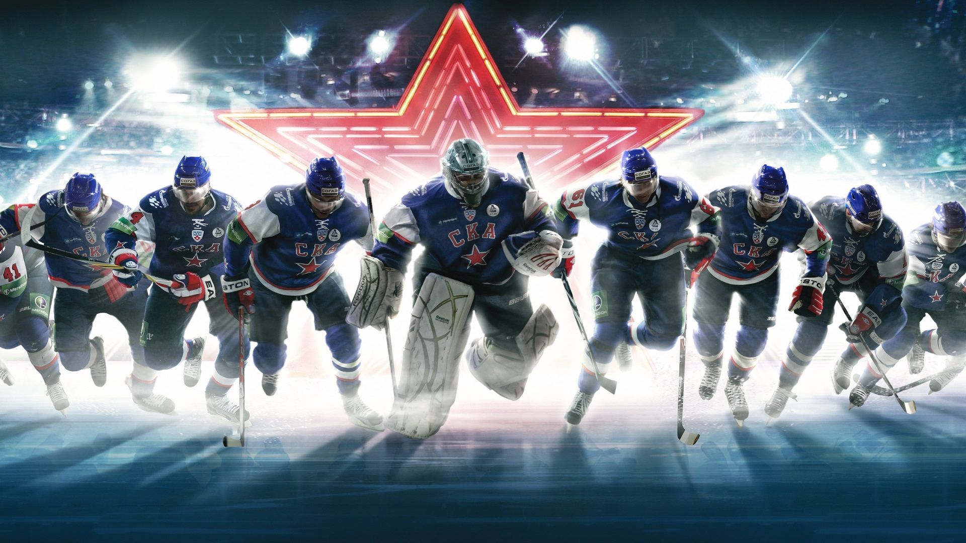 Eishockeymannschaft, Roter Stern, Arena, Scheinwerfer, Digitale Kunst, Full HD, Desktop-Hintergrund