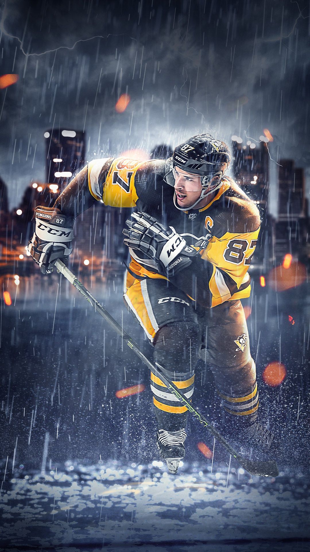 Sidney Crosby, Pittsburgh Penguins, Regen, Nacht, Digitale Kunst, Full HD, Handy-Hintergrund