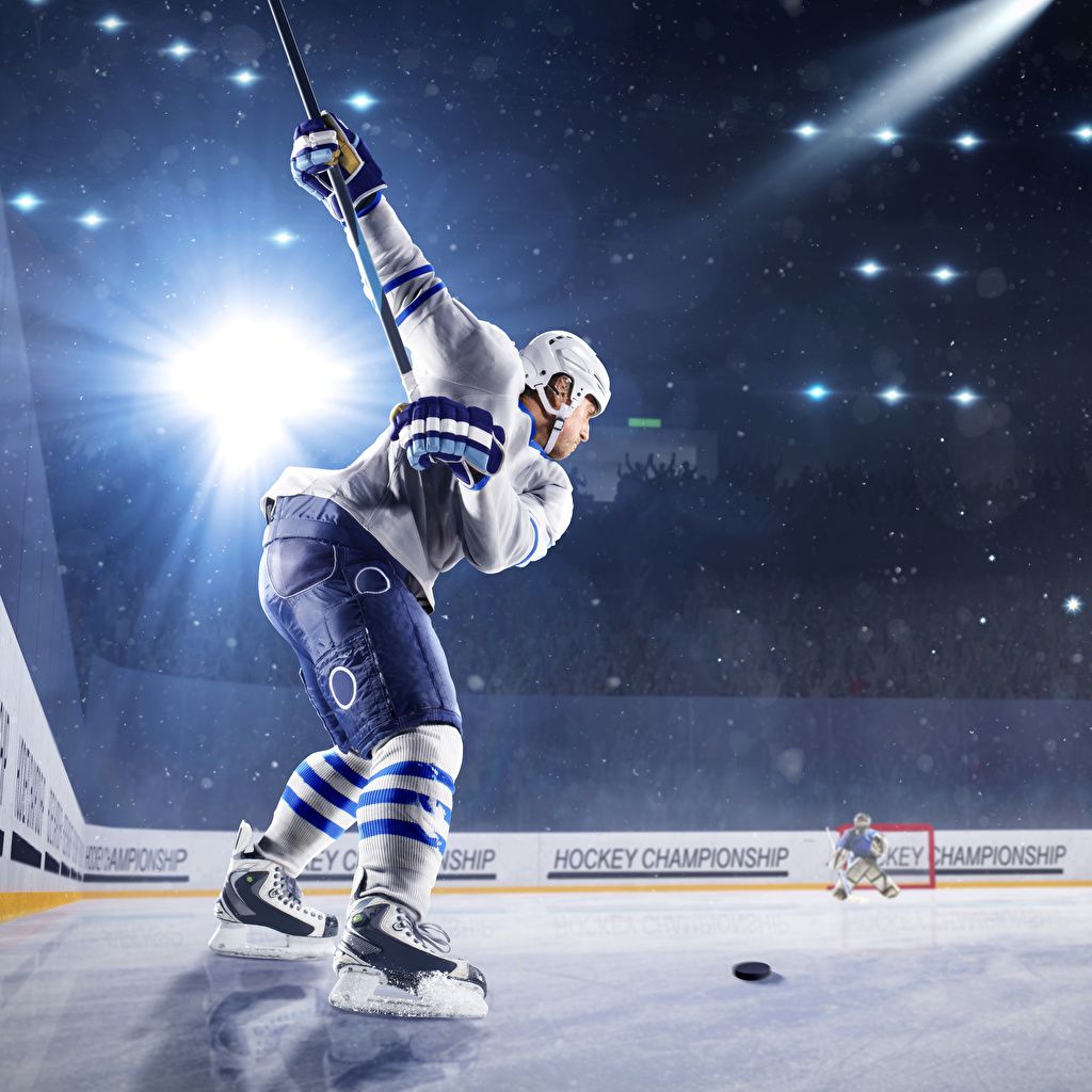 Eishockeyspieler, Schlagschuss, Flutlicht, Arena, Eis, Hintergrundbild für iPad und Tablet