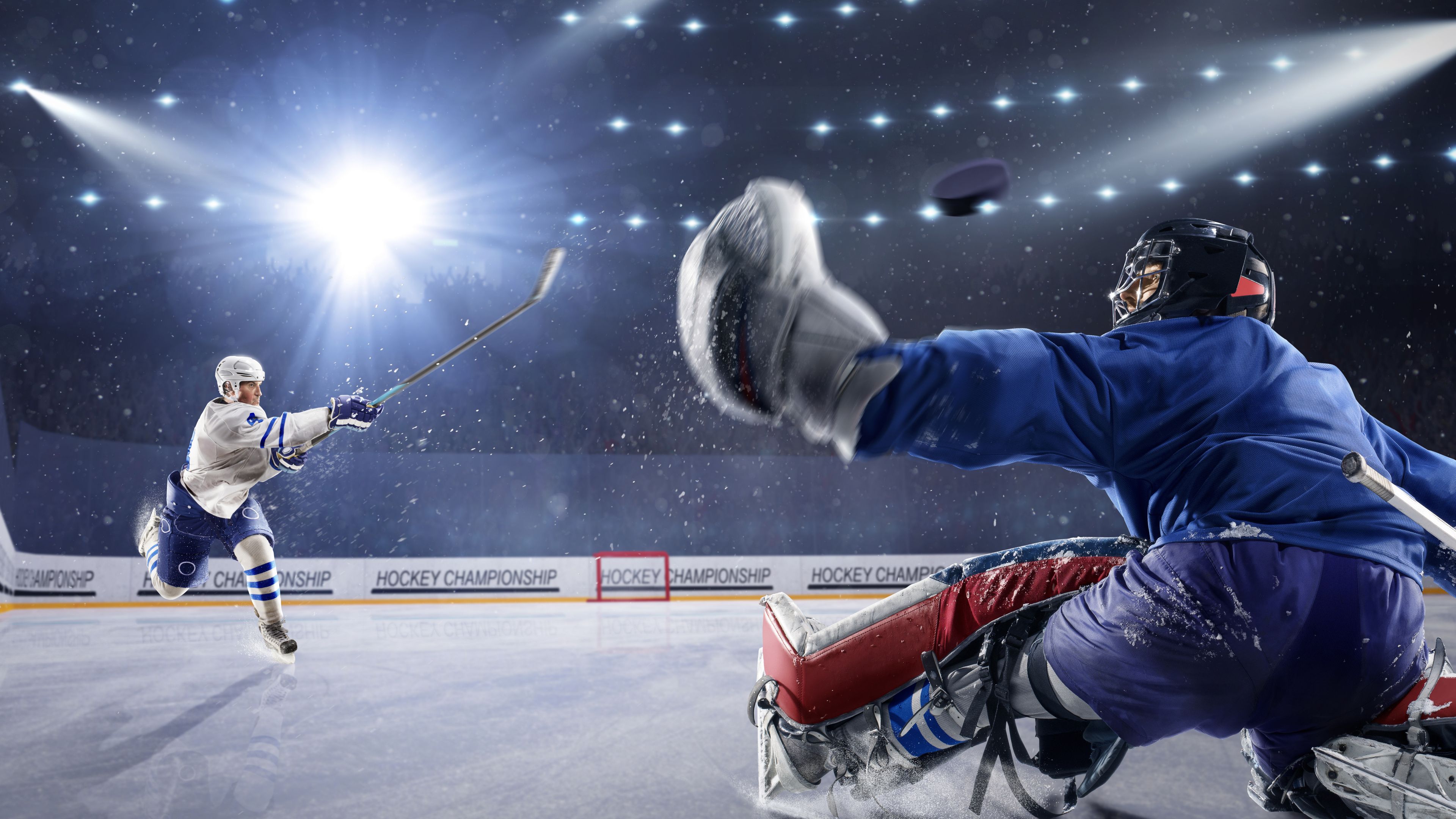 Torwart, Paraden, Eishockeyspieler, Arena, Flutlicht, 4K, Hintergrund für den Desktop