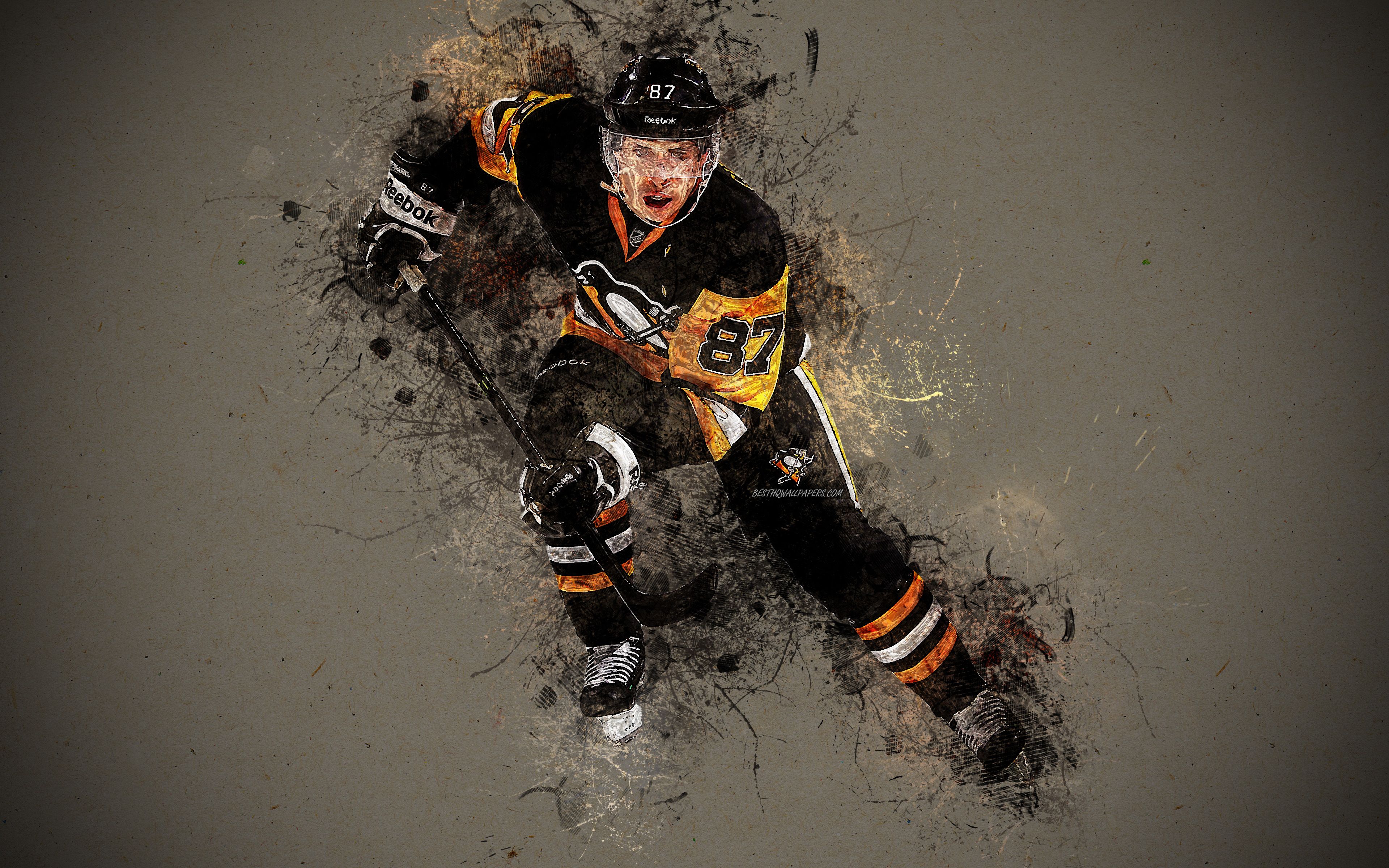 Sidney Crosby, Pittsburgh Penguins, Splatter-Effekt, Digitale Kunst, Schwarz-Gelb, 4K-PC-Hintergrundbild