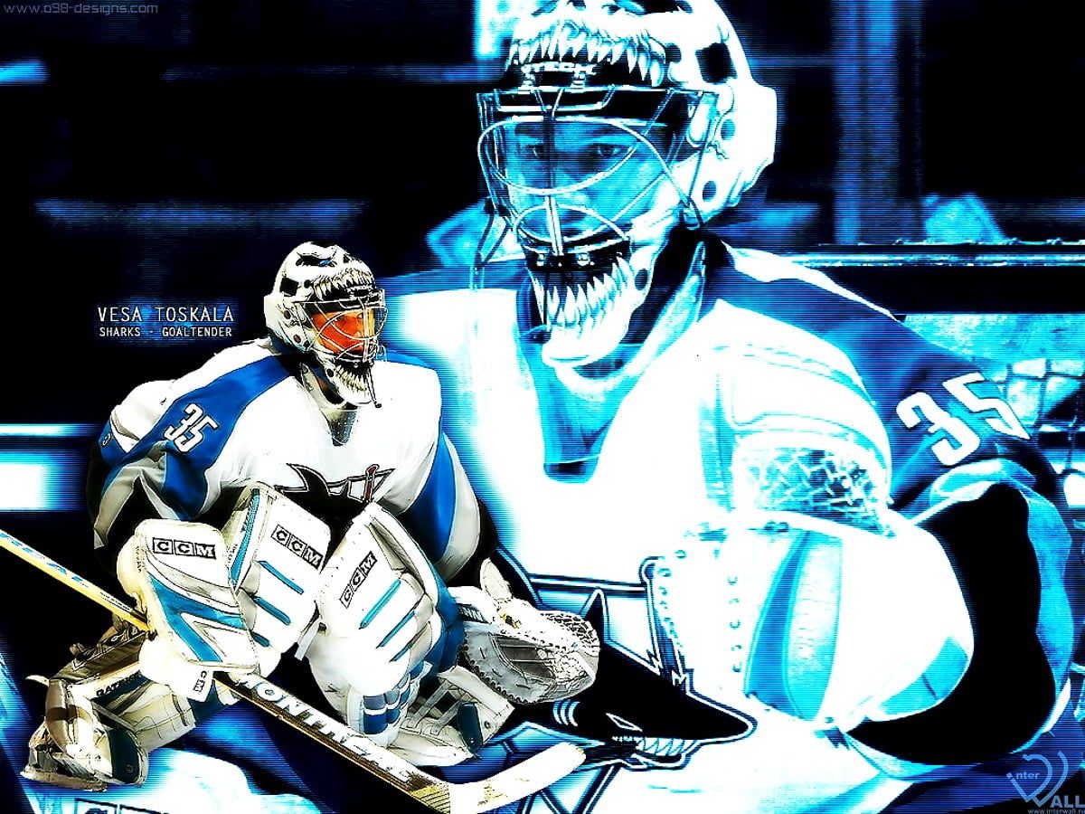 Vesa Toskala, Toronto Maple Leafs, Torwart, Neon-Effekt, Blau-Weiß, Hintergrundbild fürs Tablet