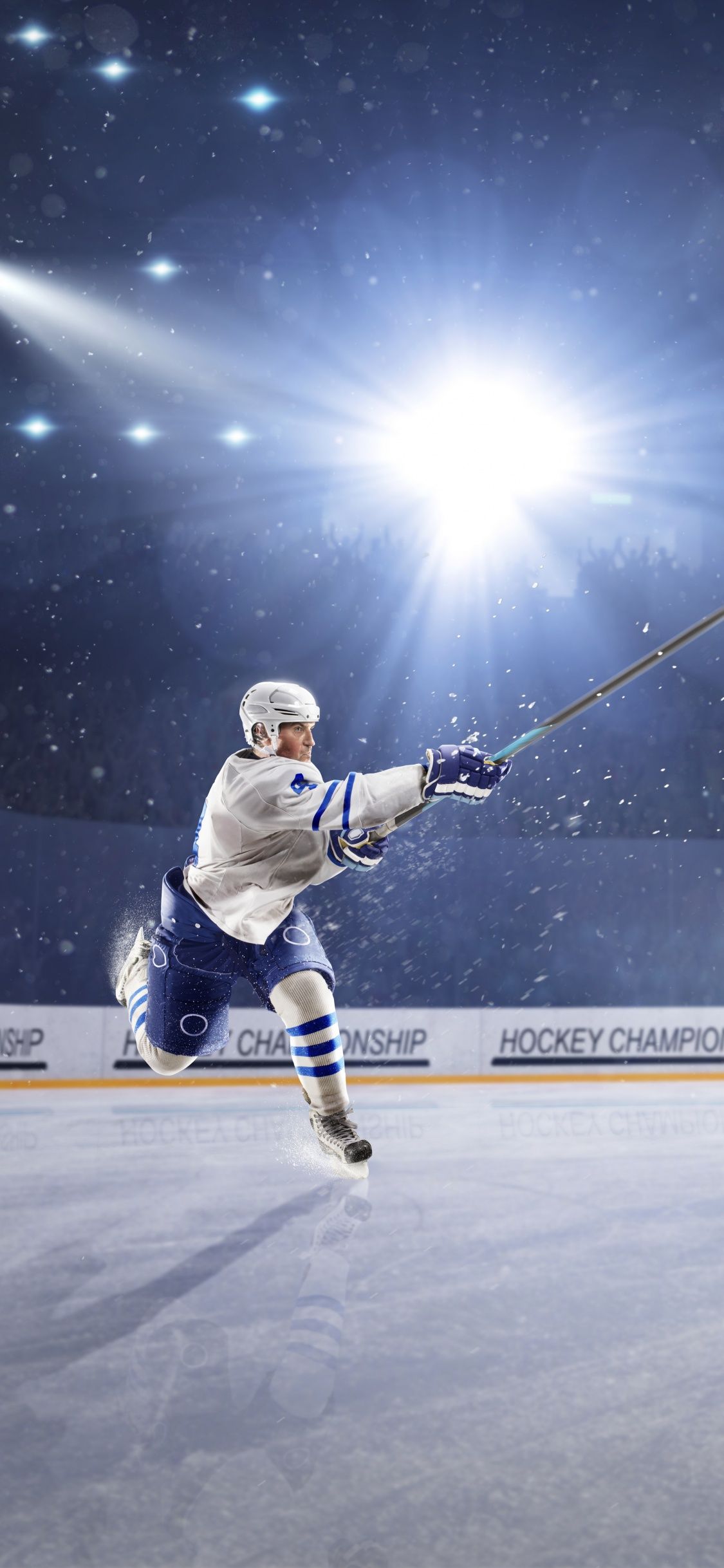 Eishockeyspieler, Scheinwerfer, Arena, Eis, Hochformat, Full HD, Hintergrundbild fürs Handy