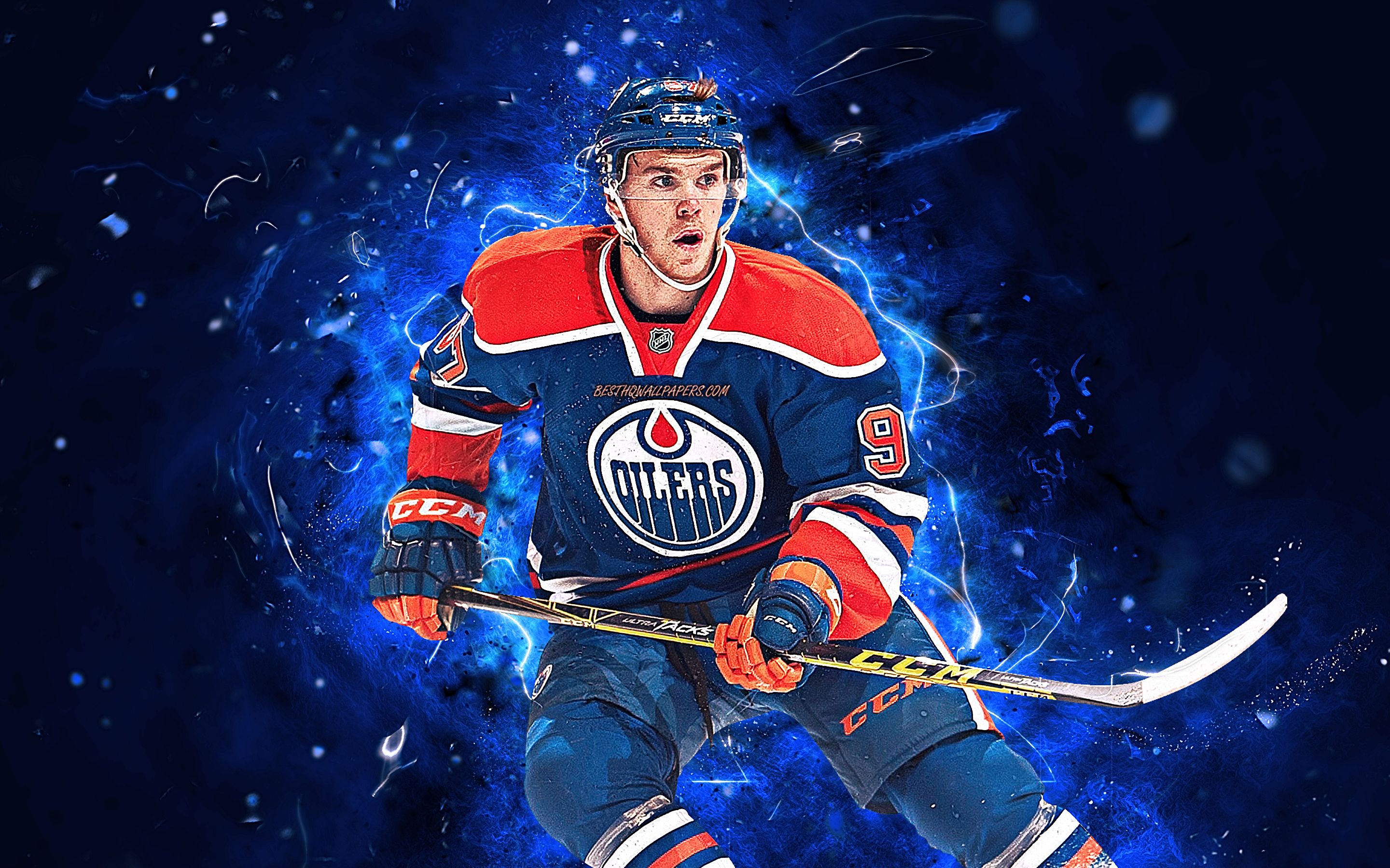 Edmonton Oilers, Eishockeyspieler, NHL, Blaue Partikel, Digitale Kunst, 2K, Laptop-Hintergrundbild