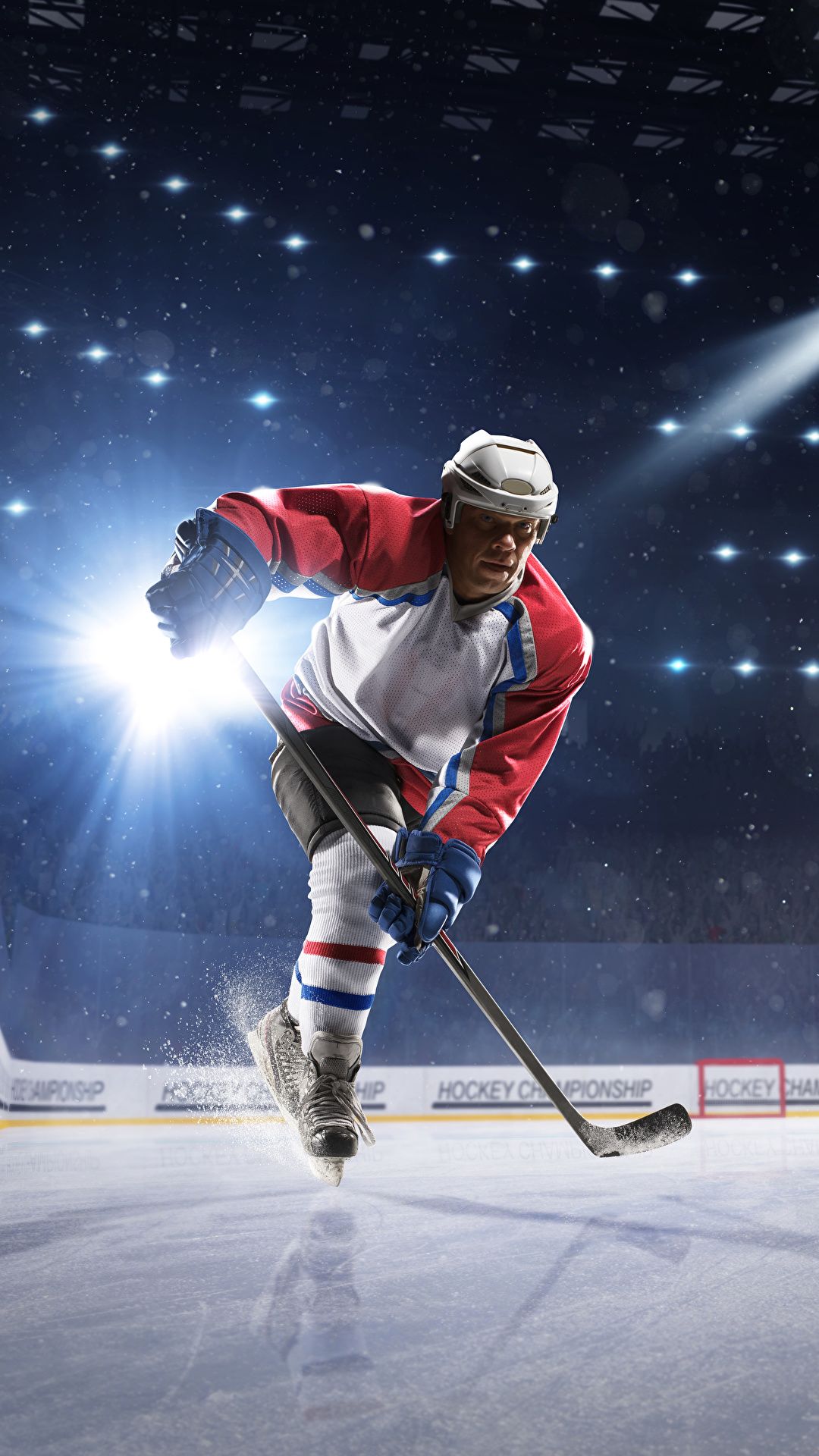 Eishockeyspieler, Flutlicht, Rotes Trikot, Eis, Arena, Full HD, Sperrbildschirm fürs iPhone