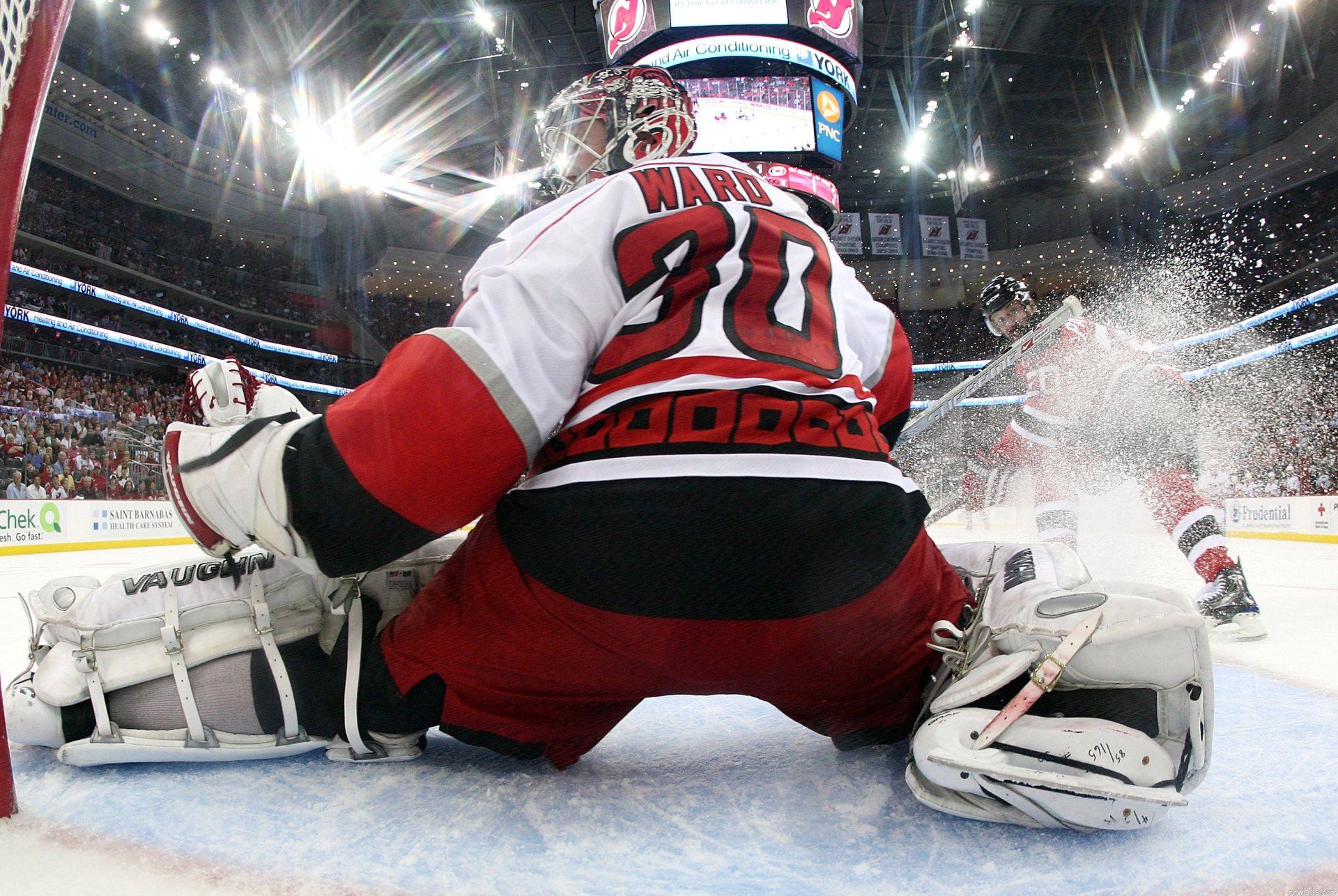 Torwart, Carolina Hurricanes, Rückennummer 30, Arena, Eisspray, Full-HD-Hintergrundbild für PC
