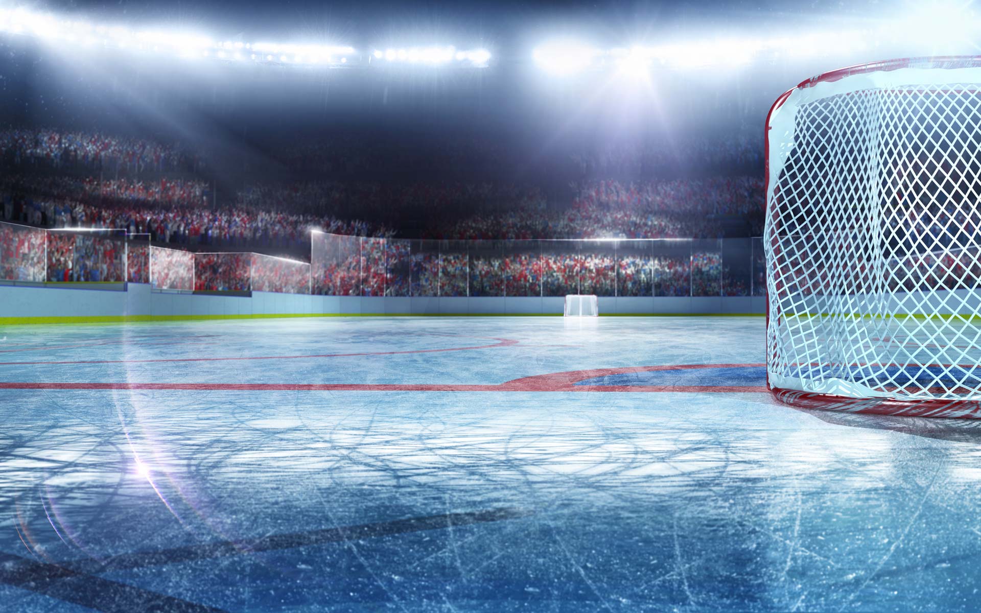 Eishockeytor, Leere Arena, Eisfläche, Flutlicht, Stadion, Full HD, Breitbild-Hintergrundbild