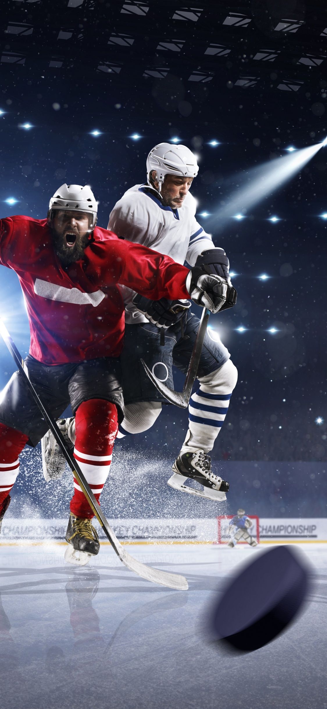 Eishockeyspieler, Puck, Flutlicht, Arena, Hochformat, Full HD, Hintergrundbild fürs Handy