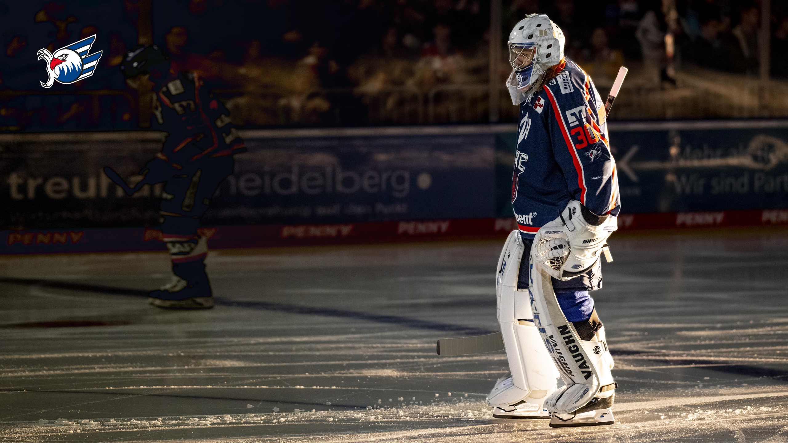 Torwart, Dunkle Arena, Eisfläche, Blaues Trikot, Stimmung, 2K, Windows-Hintergrundbild