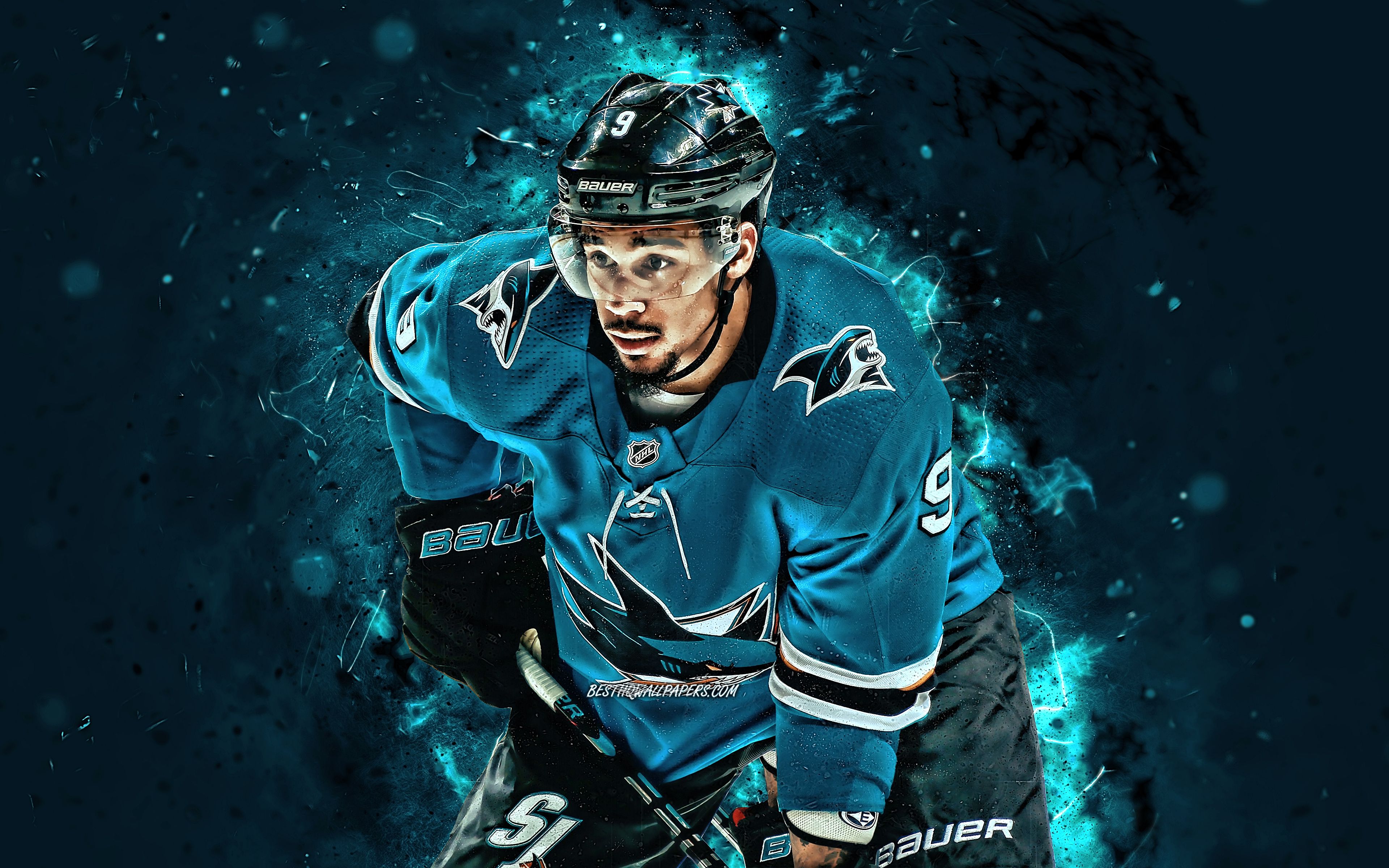 San Jose Sharks, Eishockeyspieler, NHL, Türkis, Digitale Kunst, 4K-Hintergrundbild für PC