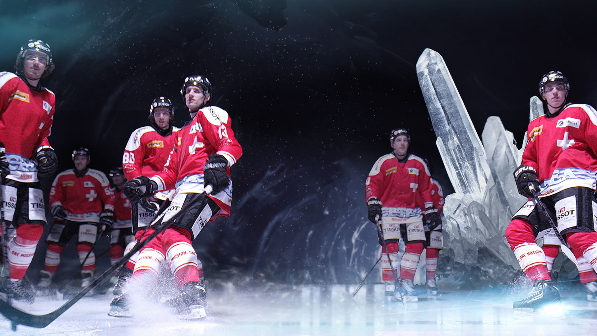 Eishockeyspieler, Eiskristalle, Rot-Weiß, Arena, Fotomontage, 1920x1080, PC-Hintergrundbild