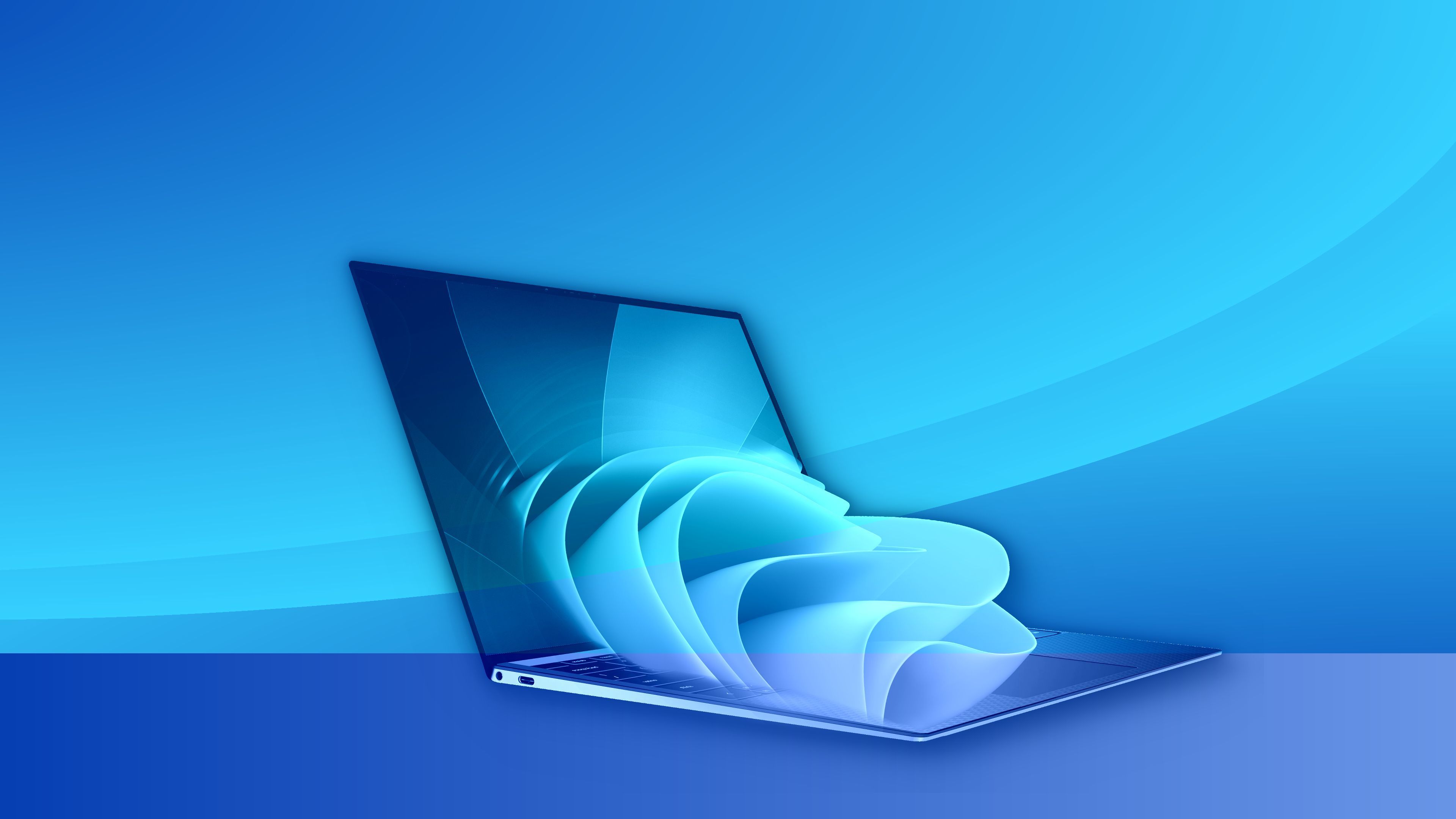 Windows 11, Laptop, Blauer Hintergrund, Bloom, 4K Wallpaper