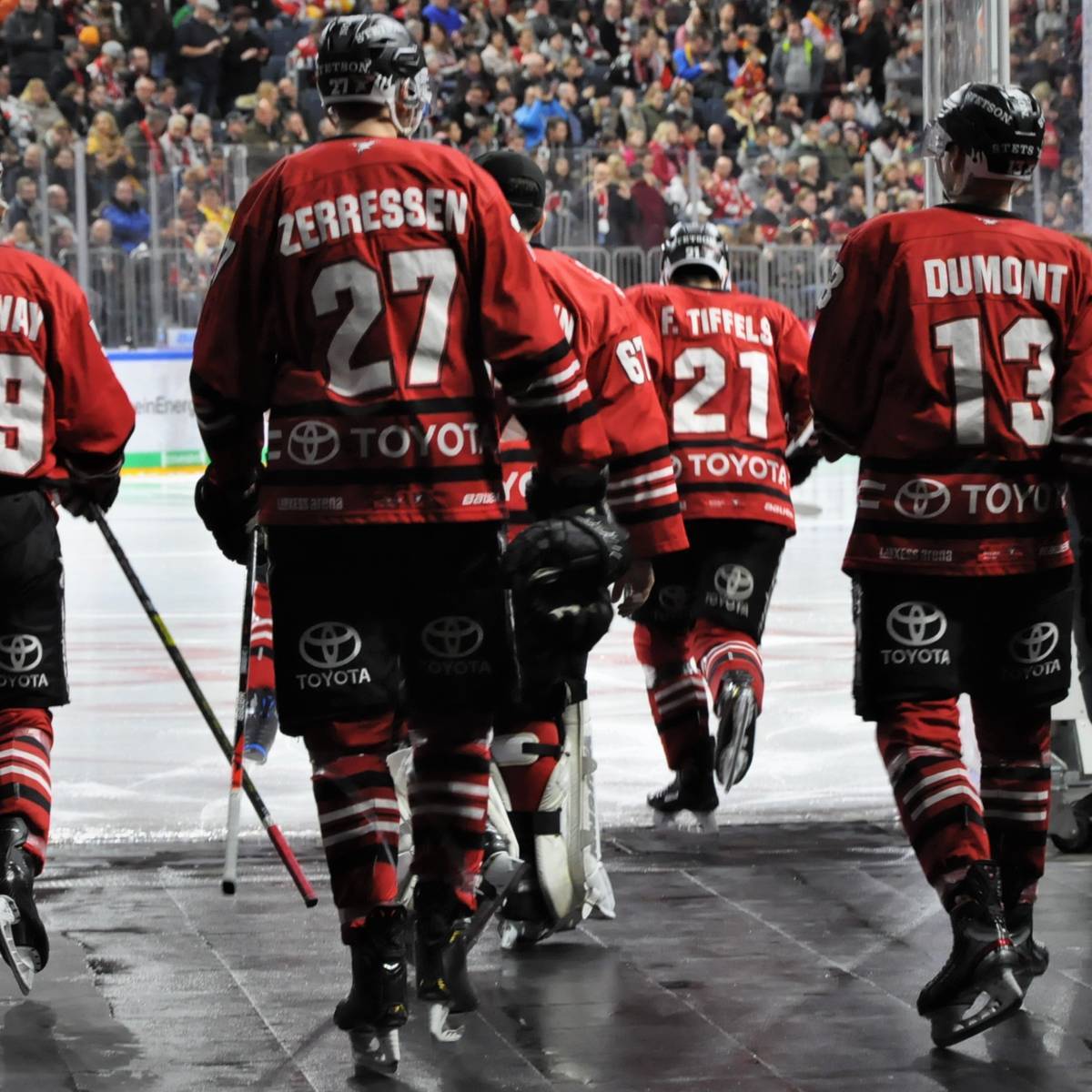 Eishockeyspieler, Rote Trikots, Rückansicht, Rückennummern, Arena, Hintergrundbild fürs Tablet