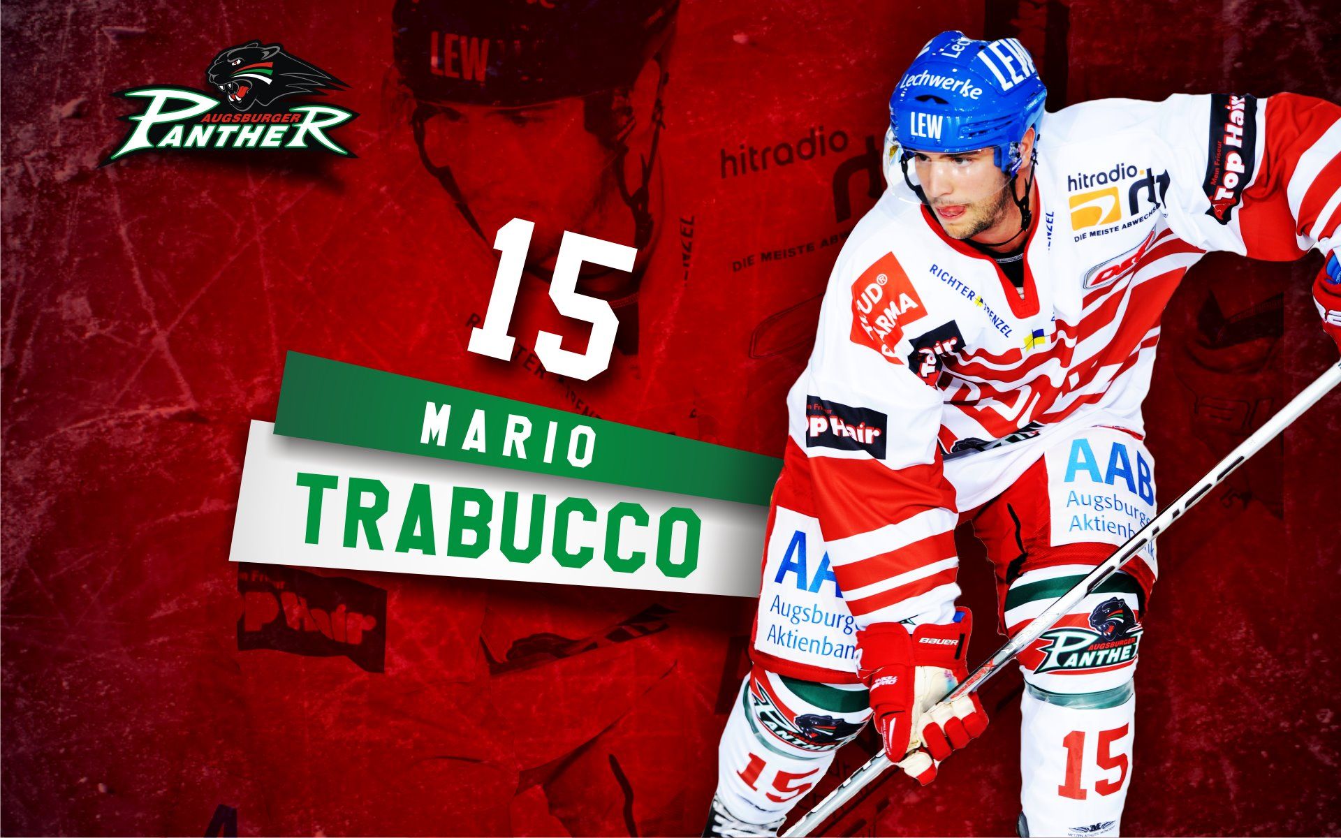 Mario Trabucco, Augsburger Panther, DEL, Rückennummer 15, Rot-Weiß, Full-HD-Hintergrundbild für PC