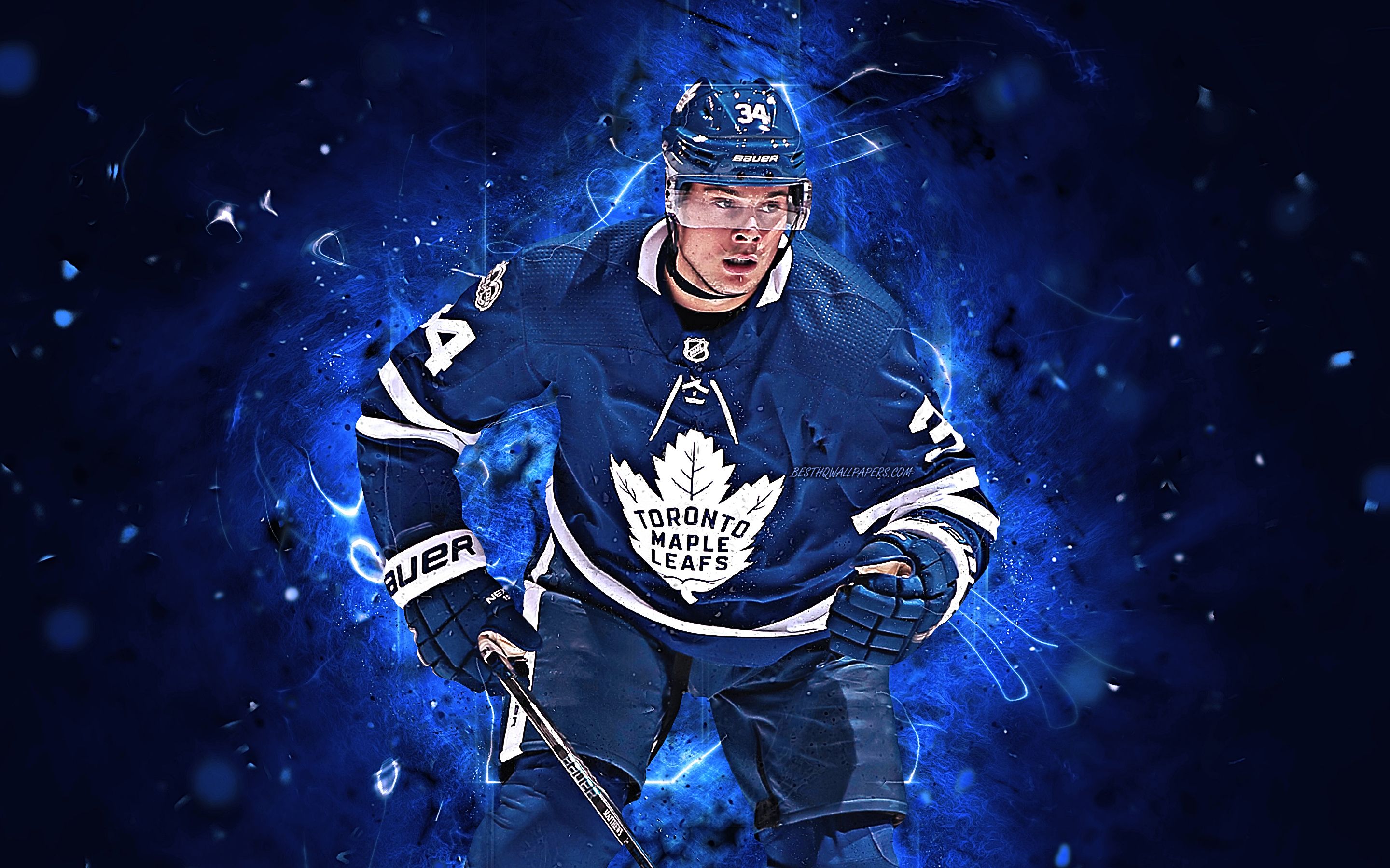 Auston Matthews, Toronto Maple Leafs, NHL, Blaue Partikel, Digitale Kunst, 2K, Desktop-Hintergrund