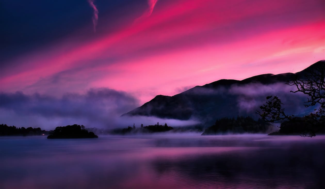 See, Inseln, Nebel, Pinker Himmel, Dämmerung, Silhouette, Hintergrundbild