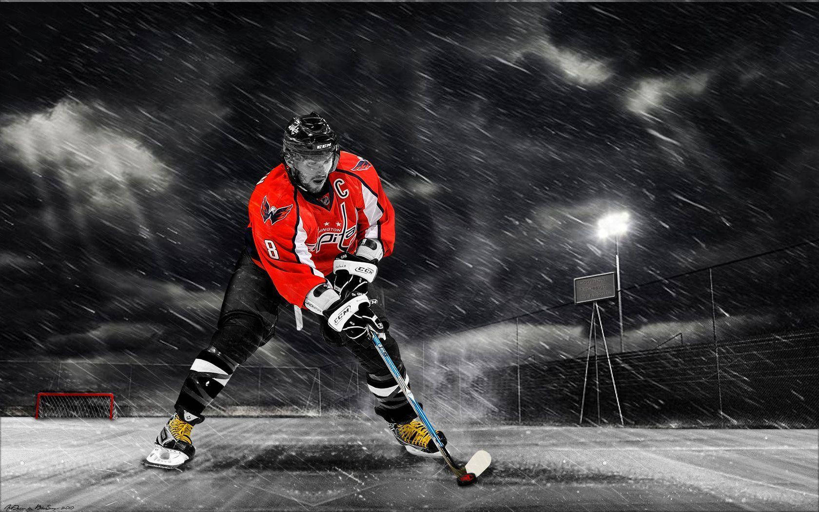 Eishockeyspieler, Rotes Trikot, Schneetreiben, Flutlicht, Dramatisch, HD, MacBook-Hintergrundbild