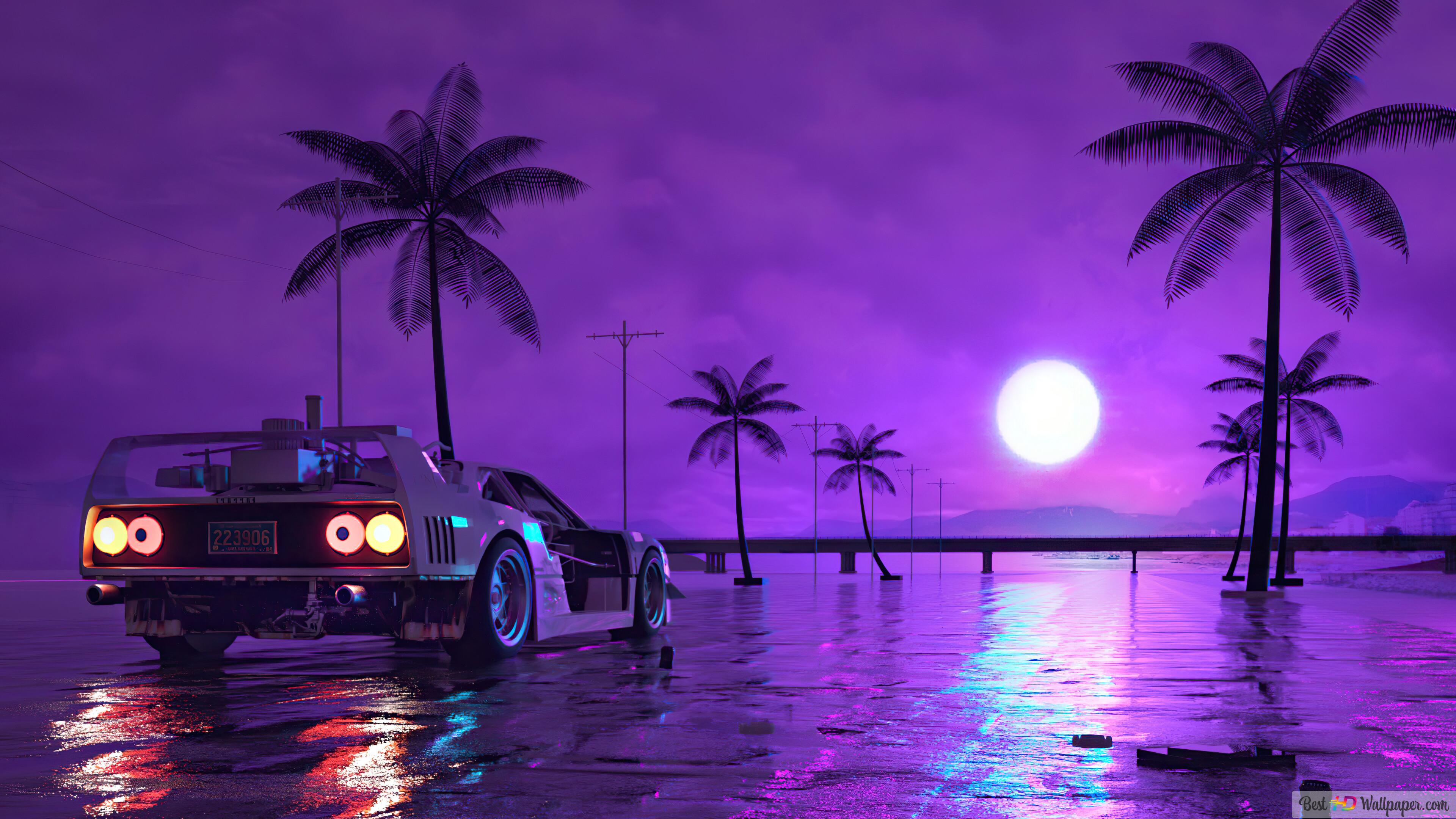 Sportwagen, Synthwave, Palmen, Mond, Lila, Spiegelung, 3840x2160, 4K-Hintergrundbild für PC