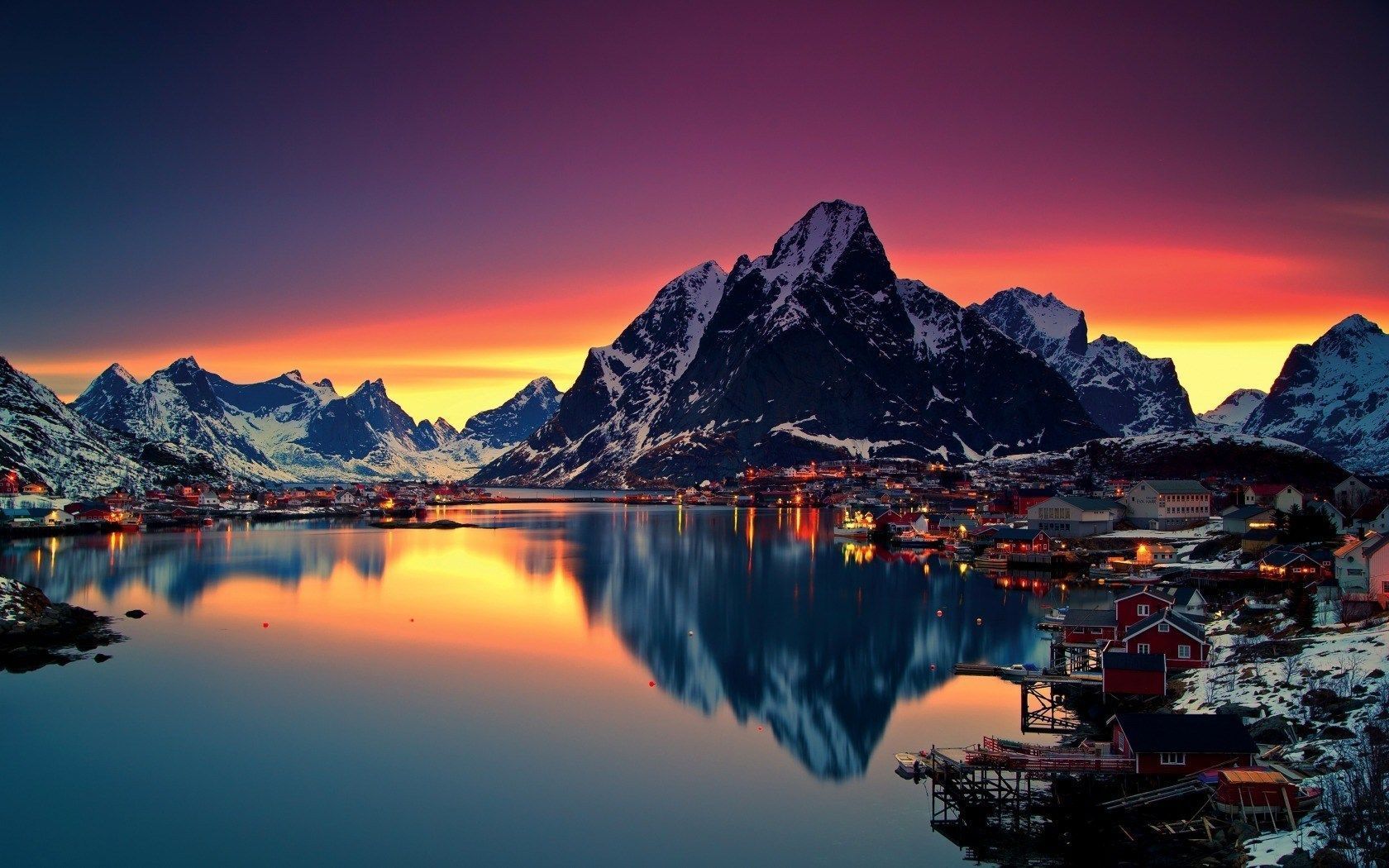 Lofoten, Norwegen, Berge, Fischerdorf, Sonnenuntergang, Spiegelung, HD, Laptop-Hintergrundbild