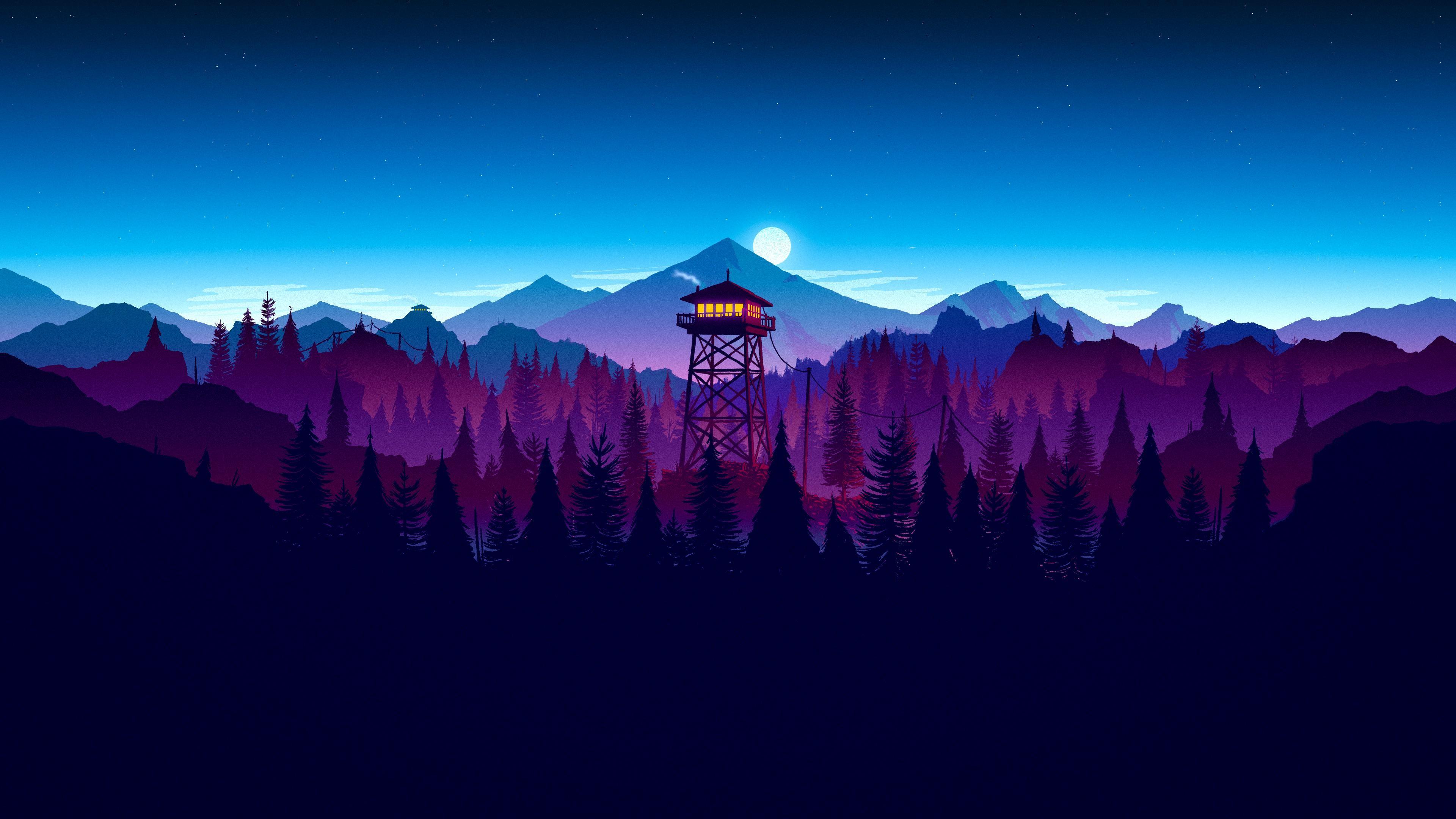Aussichtsturm, Wald, Berge, Mond, Flache Illustration, 3840x2160, 4K-Hintergrundbild für PC