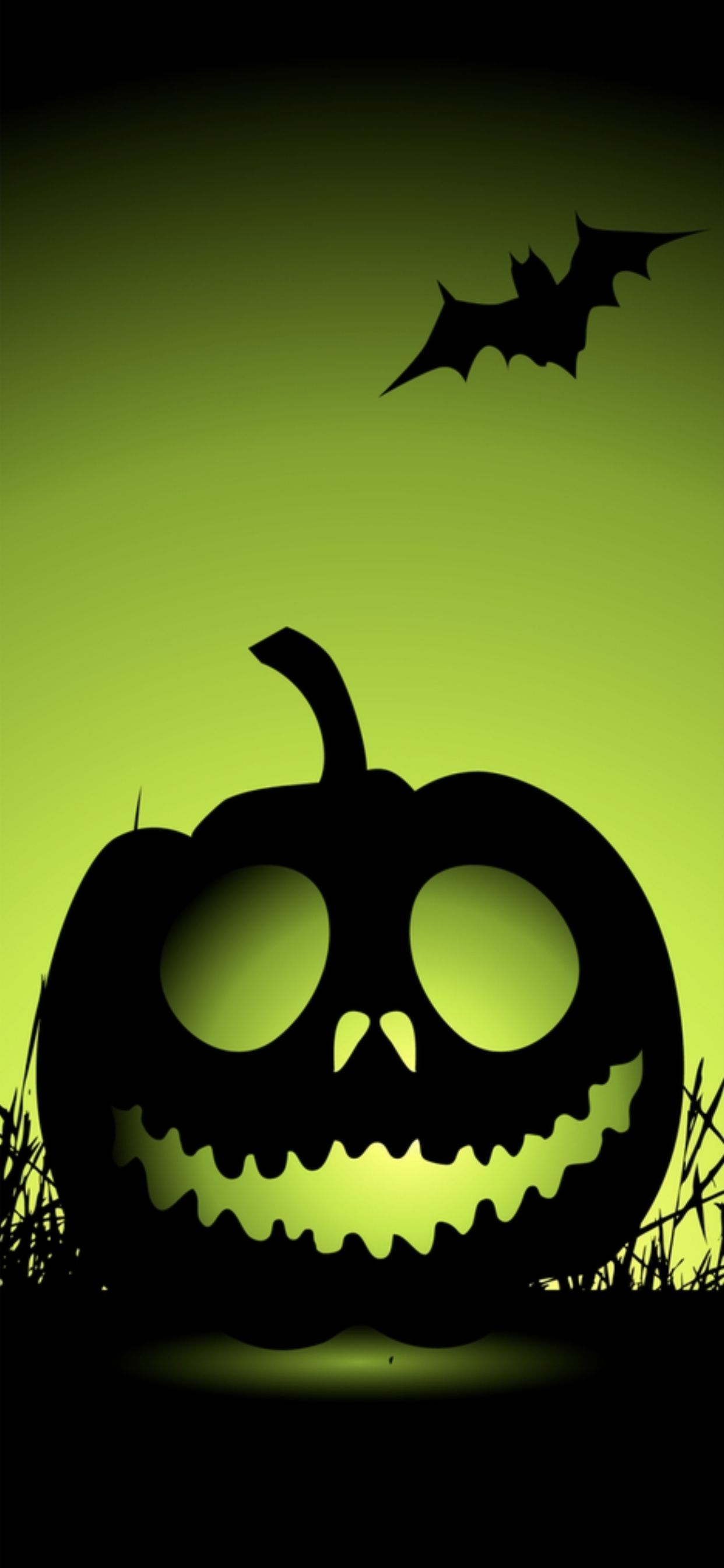 Halloween, Kürbisgesicht, Fledermaus, Neongrün, Silhouette, Full HD, Handy-Hintergrundbild