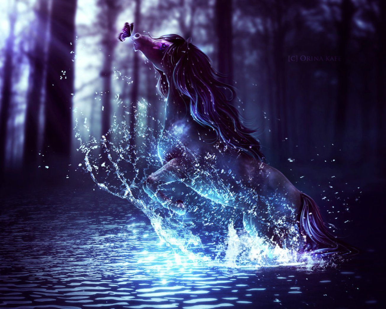 Wolf, Fantasy-Kunst, Wald, Leuchtende Partikel, Lila-Blau, Wasser, HD, Laptop-Hintergrundbild