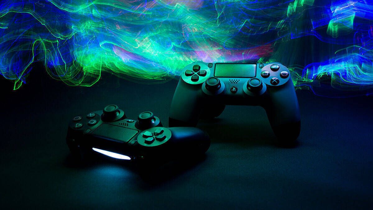 PlayStation, DualShock, Controller, Gaming, Neonlicht, Grün-Blau, Hintergrund