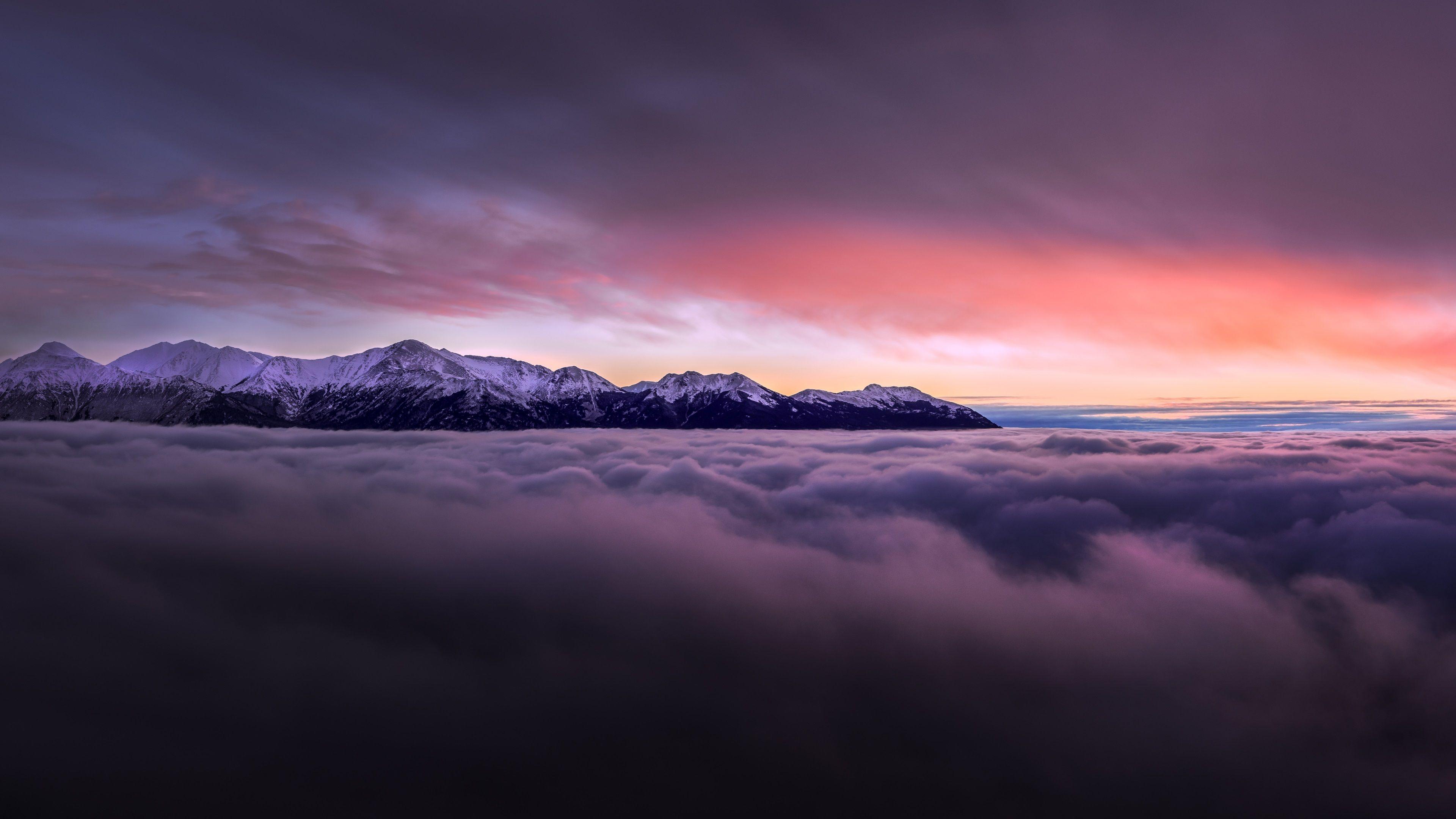 Wolkenmeer, Berge, Sonnenuntergang, Dämmerung, 3840x2160, 4K-Hintergrundbild für PC