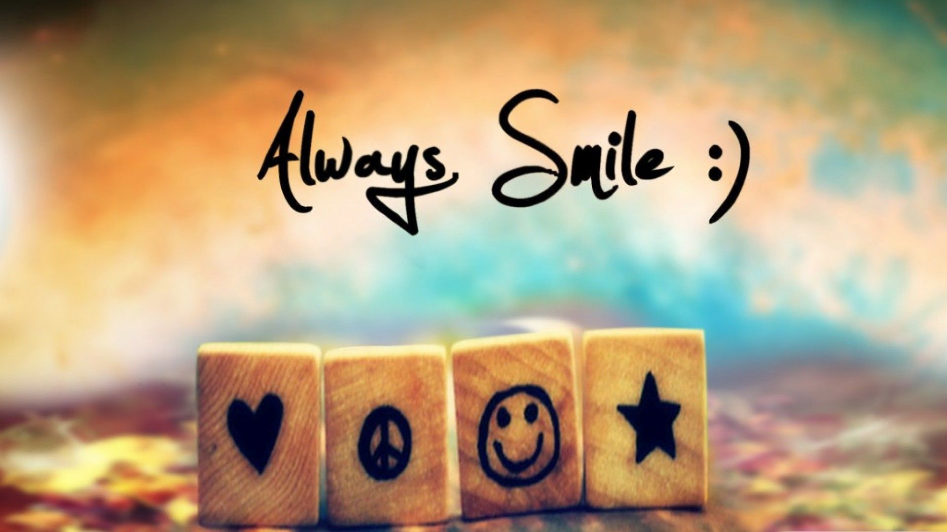Always Smile, Holzwürfel, Smiley, Herz, Peace-Zeichen, Bokeh, Full HD, Windows-Hintergrundbild