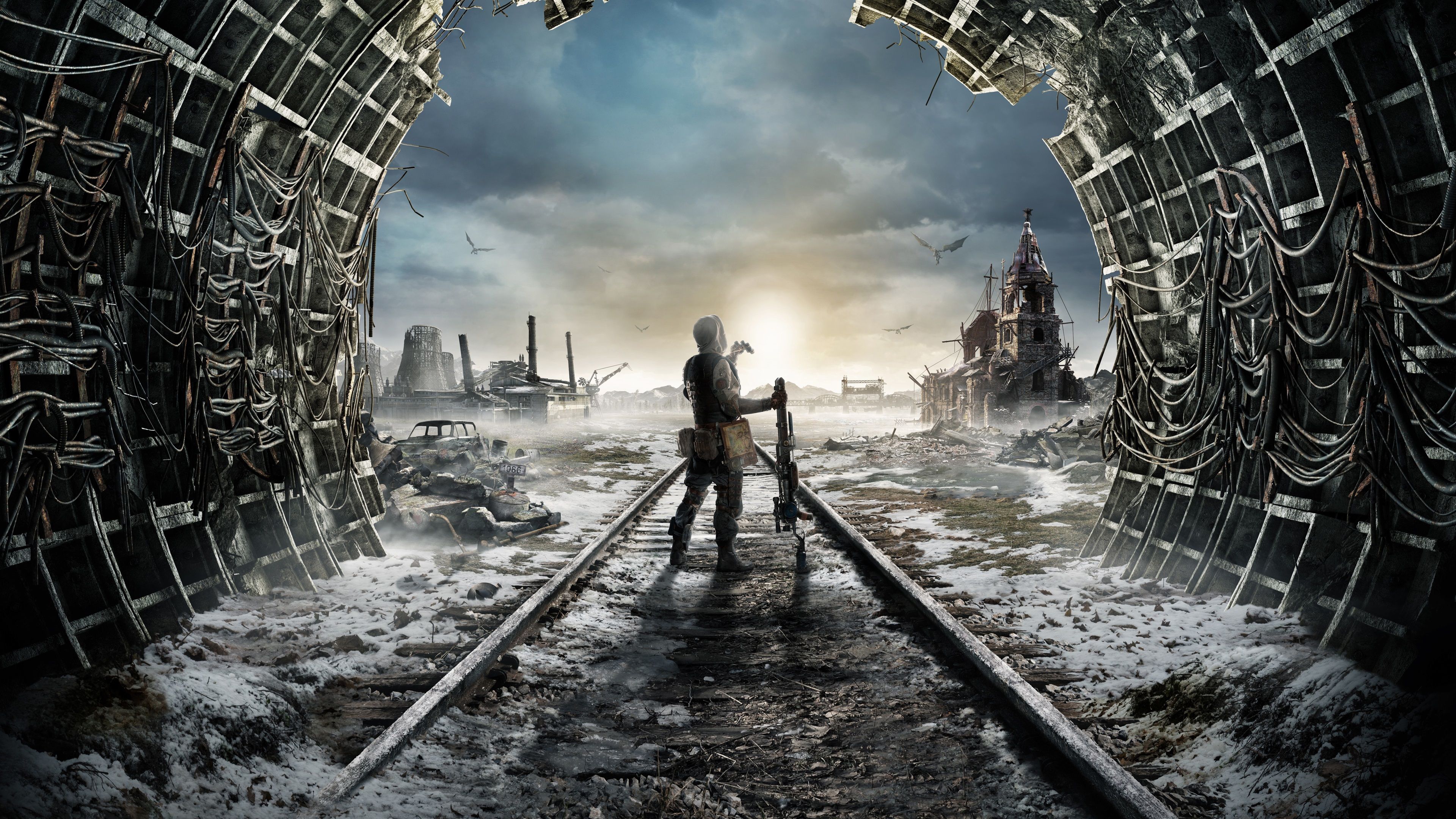 Metro Exodus, Bahngleise, Tunnel, Schnee, Postapokalypse, 4K, Breitbild-Hintergrundbild